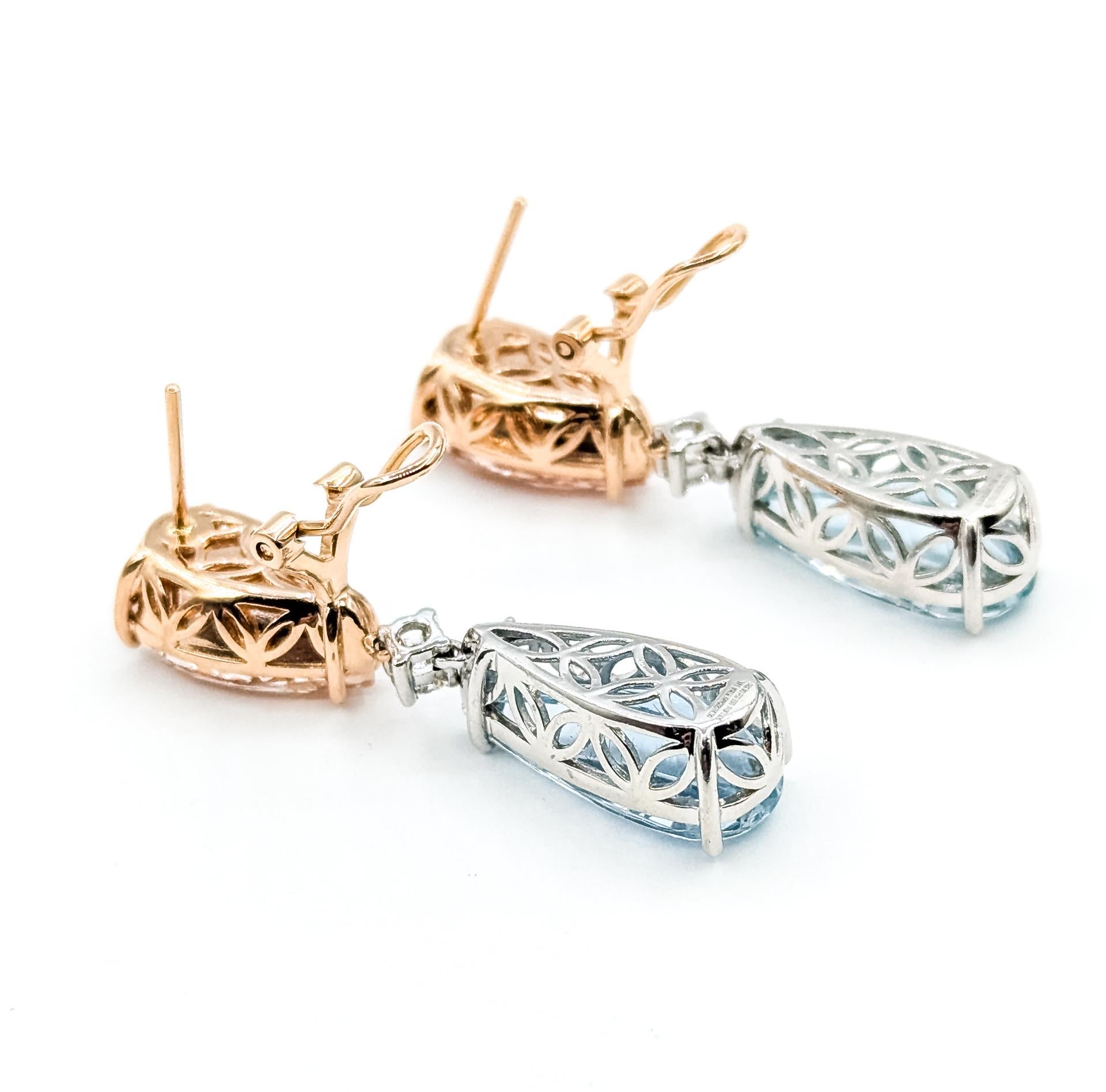 Pendants d'oreilles en or rose 14k et platine avec Morganite et Aigue-marine en forme d'oméga en vente 4