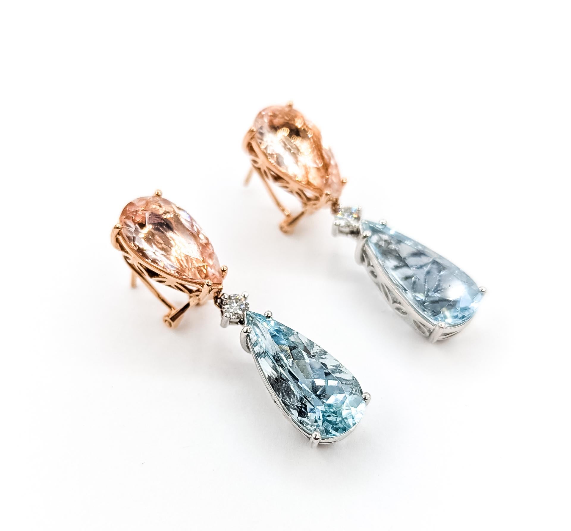 Pendants d'oreilles en or rose 14k et platine avec Morganite et Aigue-marine en forme d'oméga

Ces boucles d'oreilles sont réalisées en or rose 14k et en platine et présentent une combinaison de diamants ronds, de morganites en forme de poire et