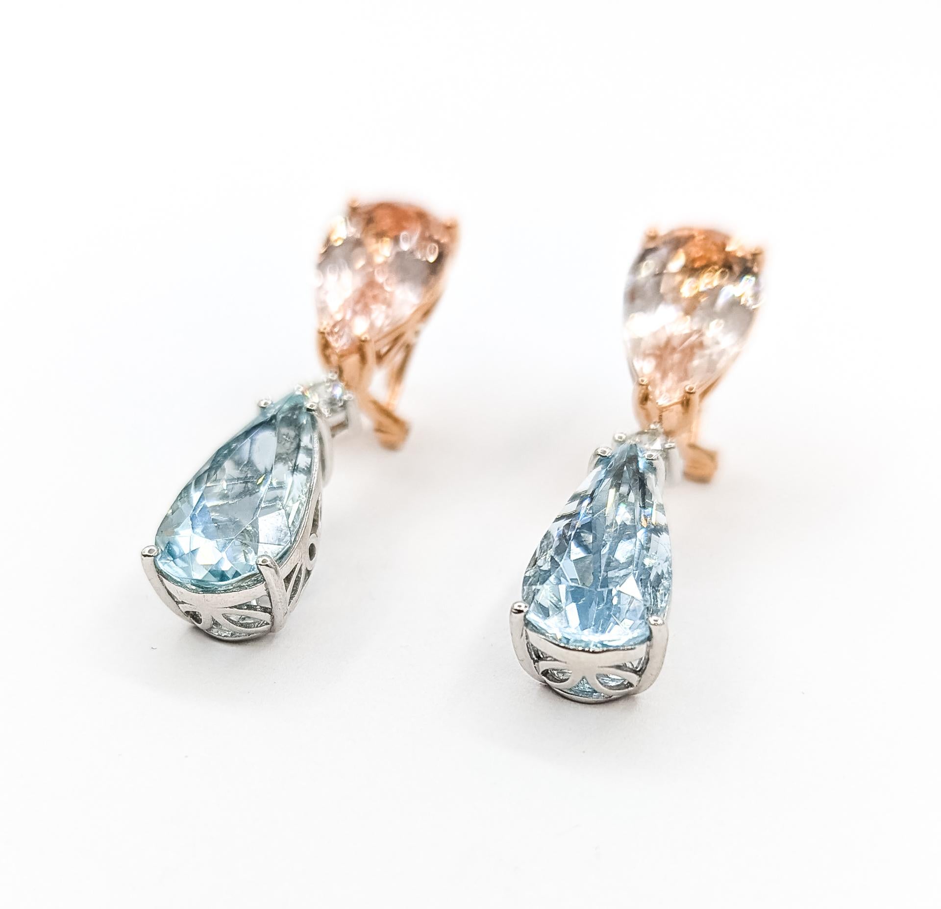 Contemporain Pendants d'oreilles en or rose 14k et platine avec Morganite et Aigue-marine en forme d'oméga en vente