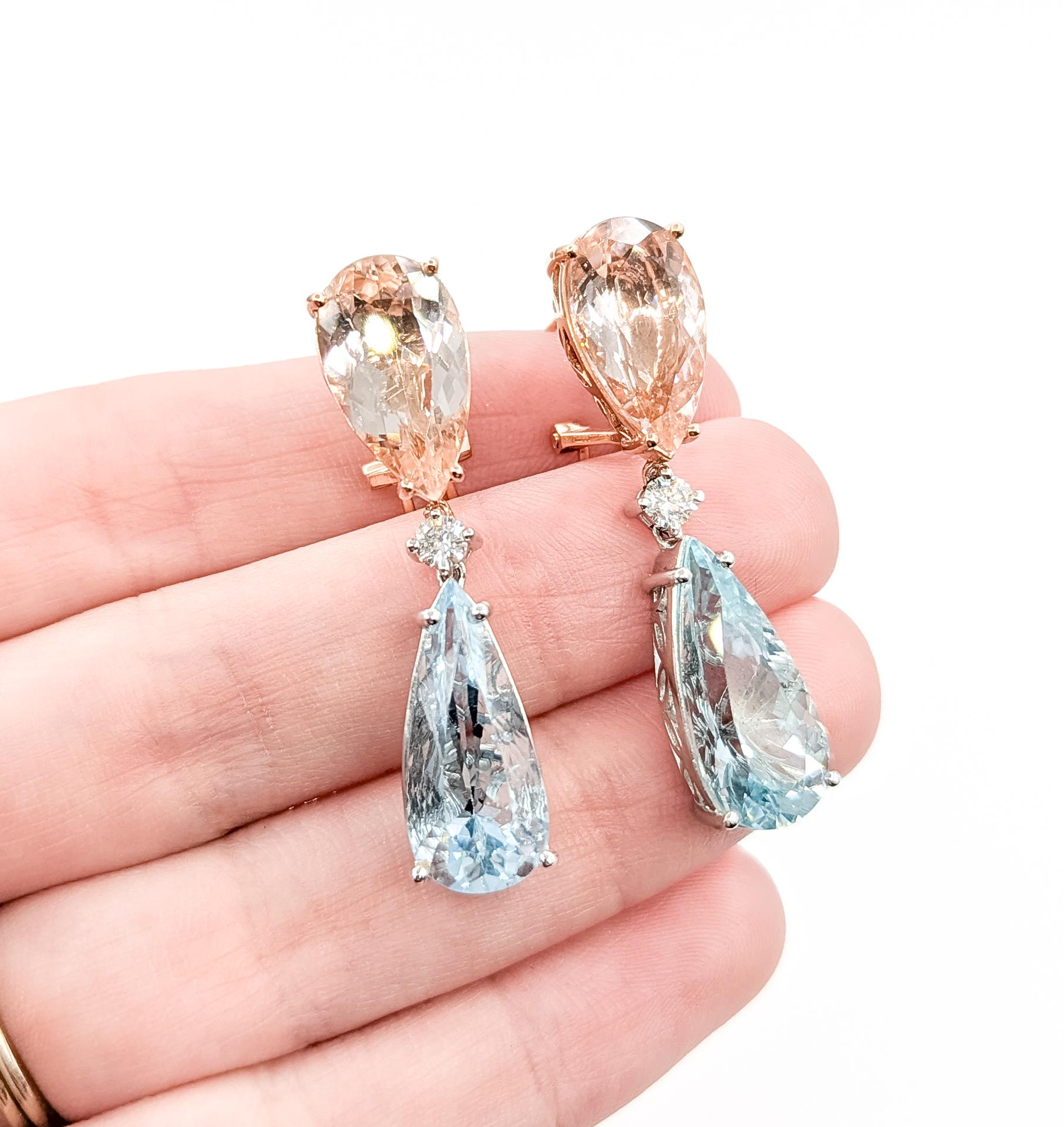 Taille poire Pendants d'oreilles en or rose 14k et platine avec Morganite et Aigue-marine en forme d'oméga en vente