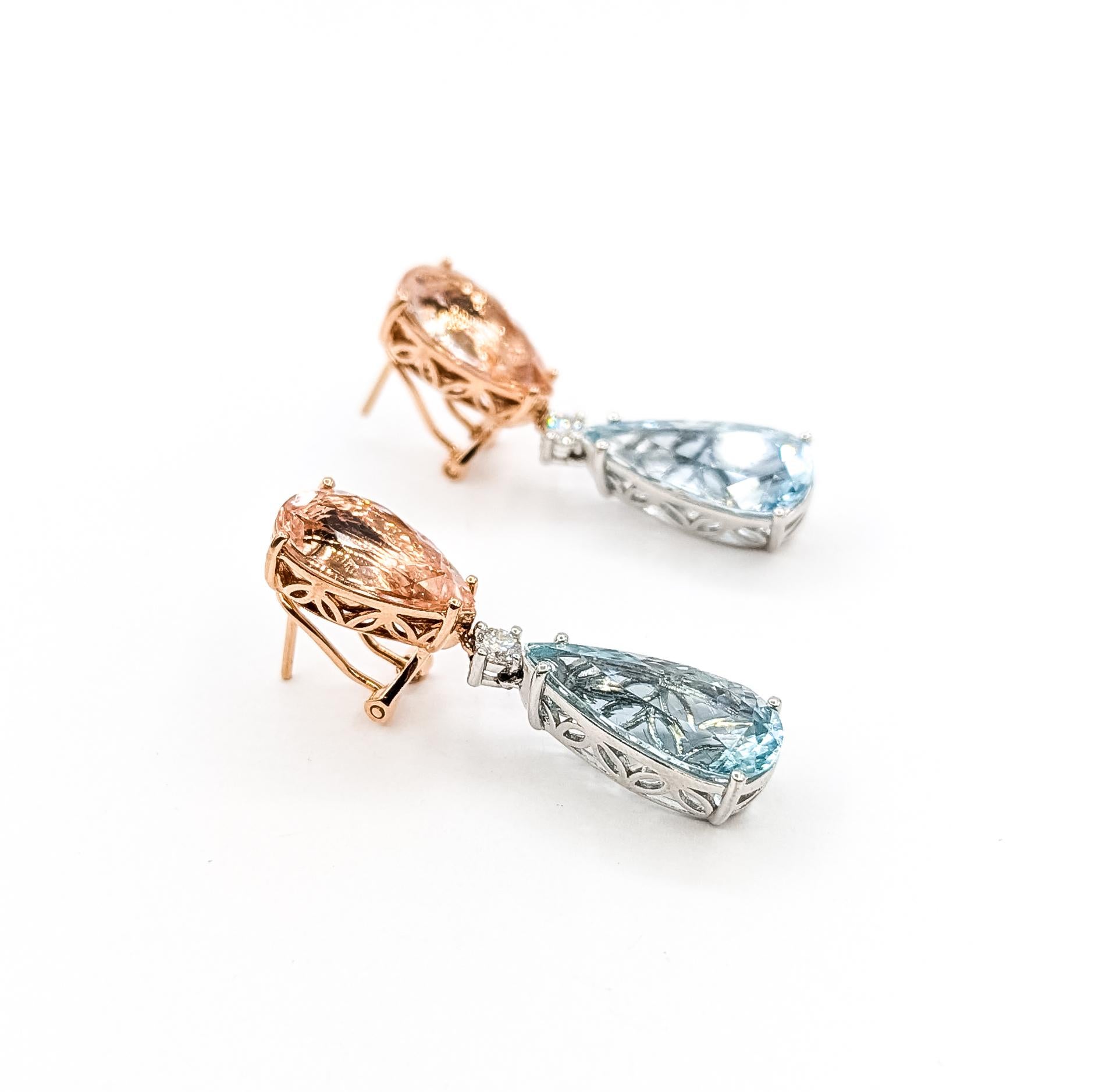 Pendants d'oreilles en or rose 14k et platine avec Morganite et Aigue-marine en forme d'oméga Pour femmes en vente