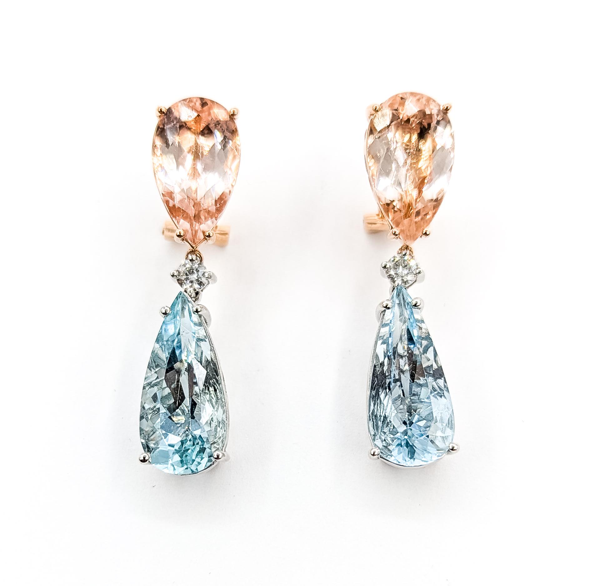 Pendants d'oreilles en or rose 14k et platine avec Morganite et Aigue-marine en forme d'oméga en vente 1