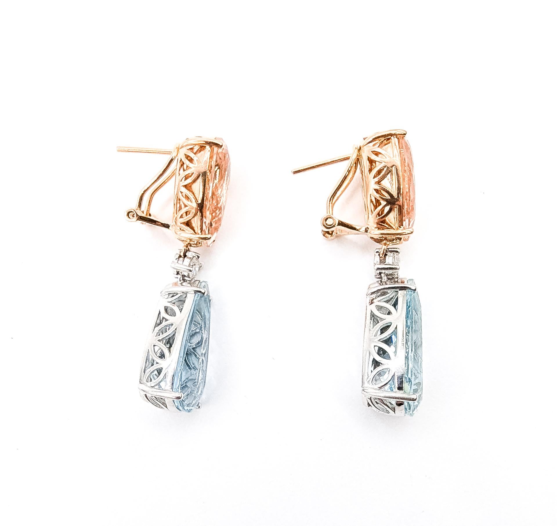 Pendants d'oreilles en or rose 14k et platine avec Morganite et Aigue-marine en forme d'oméga en vente 2