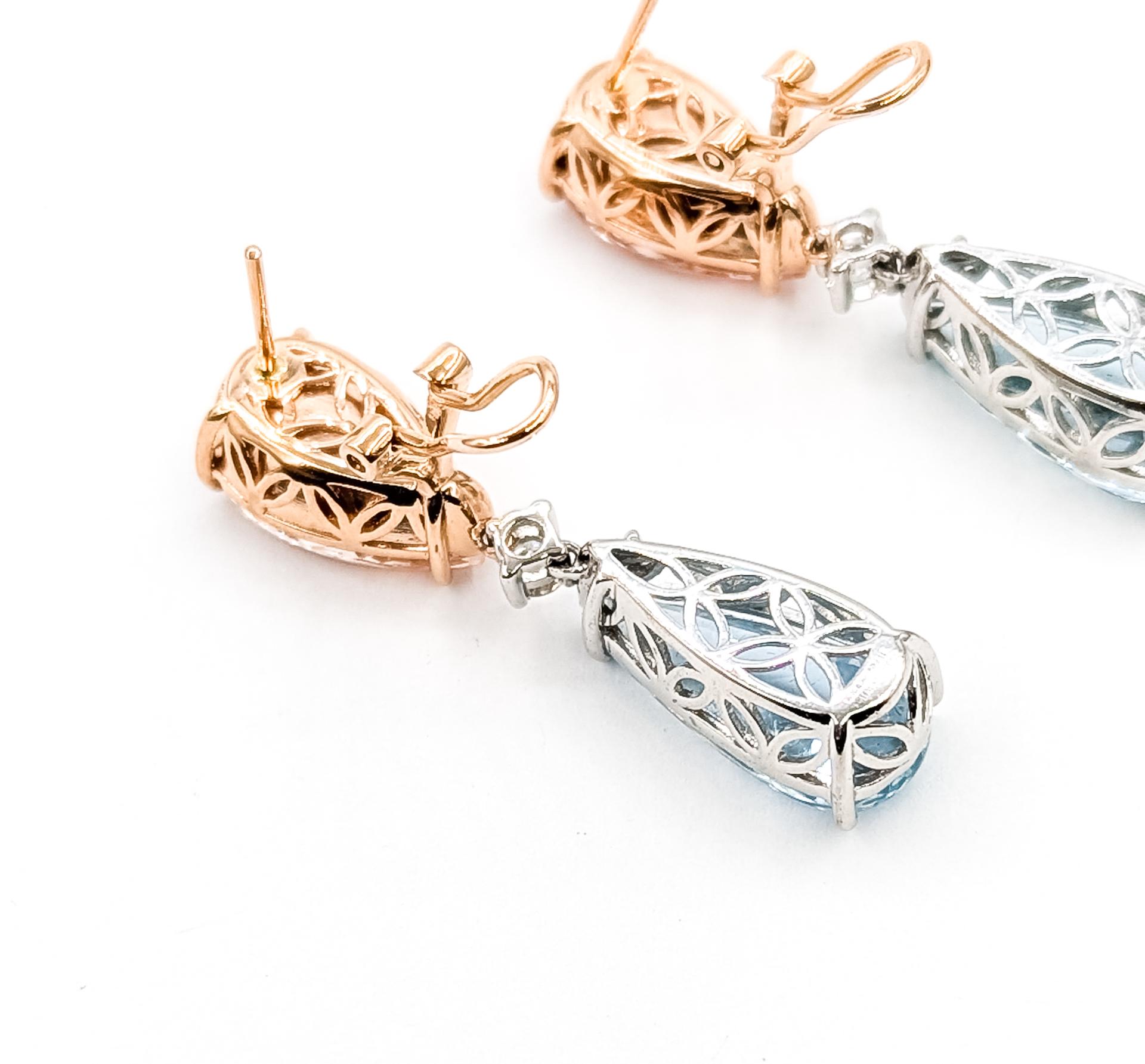 Pendants d'oreilles en or rose 14k et platine avec Morganite et Aigue-marine en forme d'oméga en vente 3