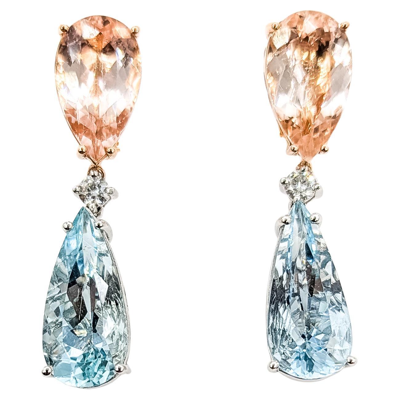Orecchini a goccia Omega-Back con Morganite e Acquamarina in oro rosa 14k e platino