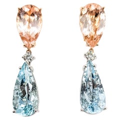 Orecchini a goccia Omega-Back con Morganite e Acquamarina in oro rosa 14k e platino