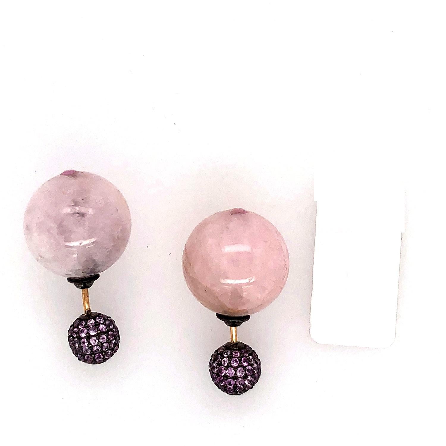 Art Nouveau Morganite Ball & Pave Sapphire Earrings Made in 14k Gold For Sale