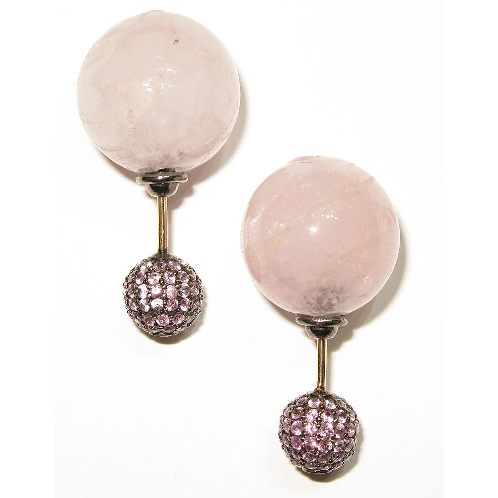 Round Cut Morganite Ball & Pave Sapphire Earrings Made in 14k Gold For Sale