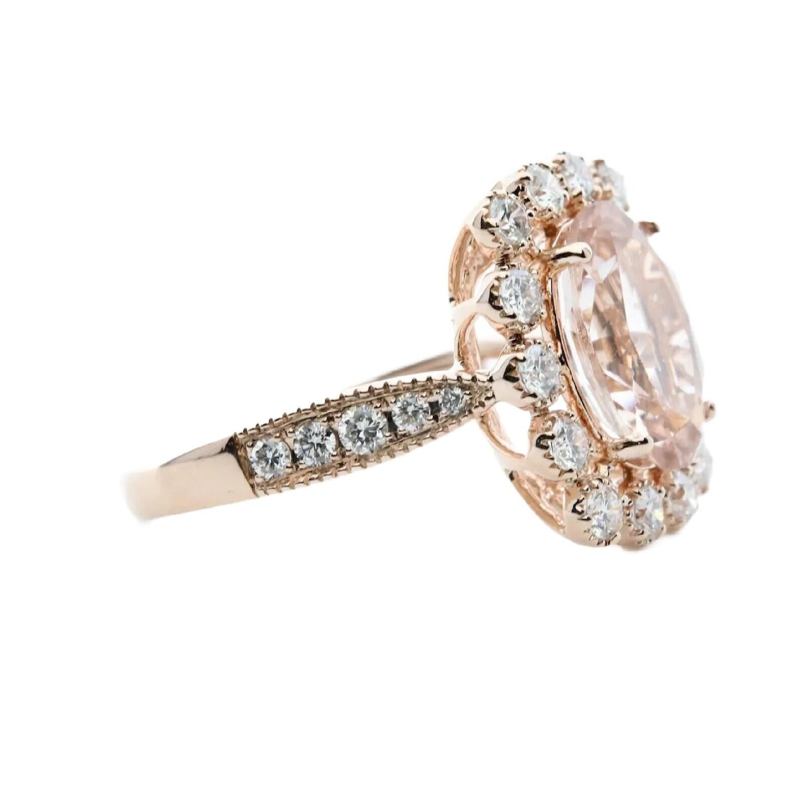 A morganite, and diamond ring crafted in 14 karat rose gold. Centered by a 4.00 carat natural peach colored morganite secured by four polished prongs. Surrounding the morganite are 14 bezel set and 10 pave set accent diamonds weighing a combined