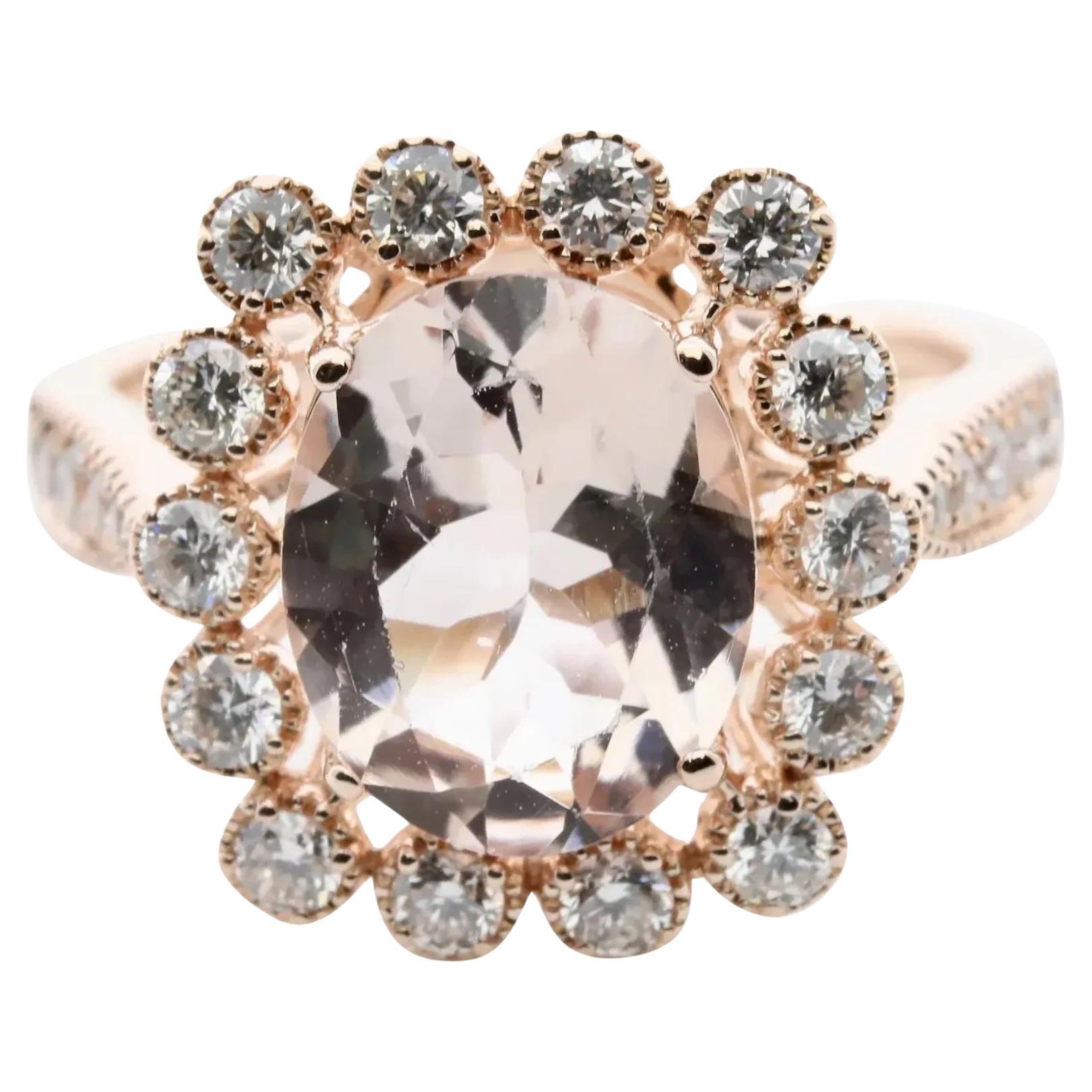 Bague en or rose 14 carats avec Morganite et diamant serti en chaton