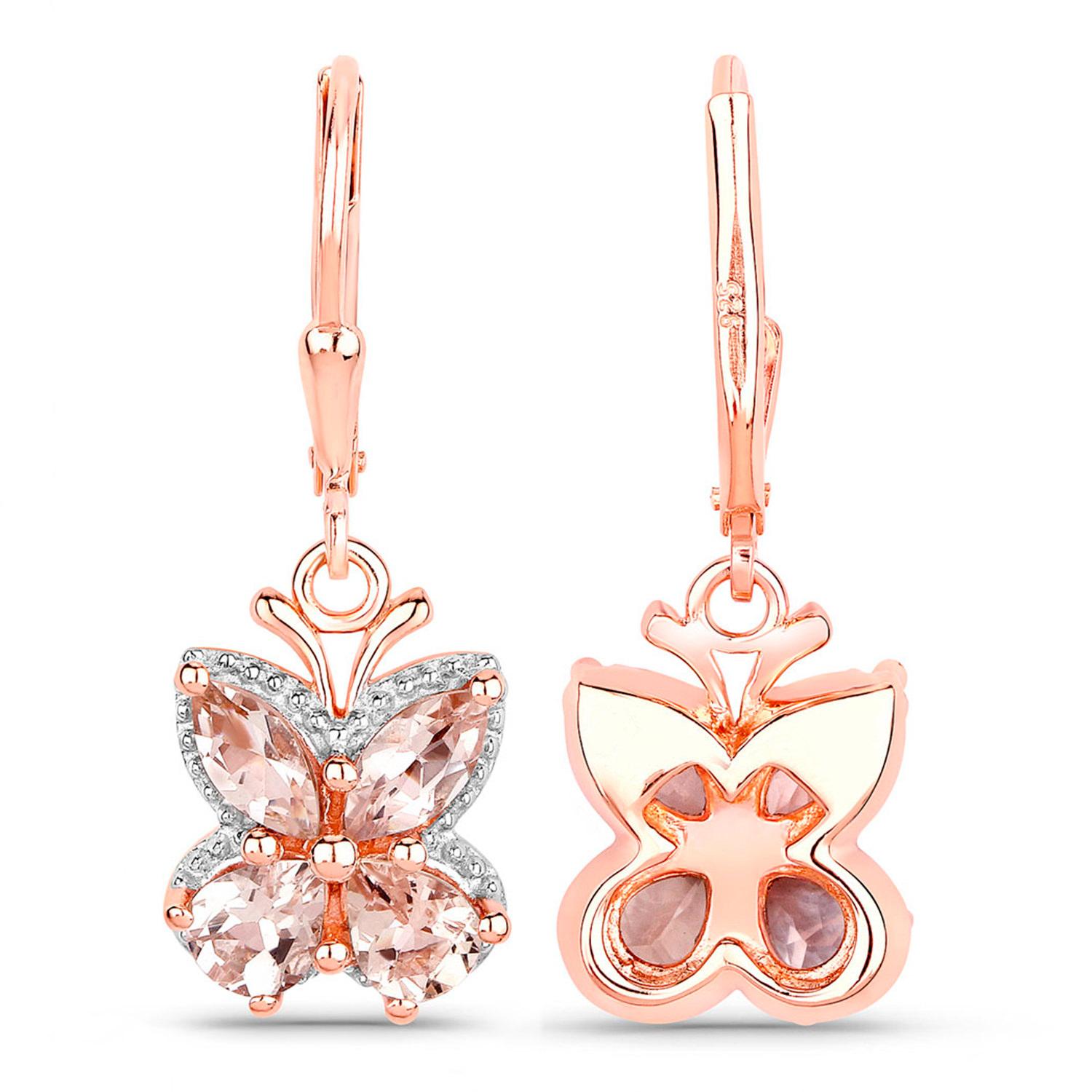 Contemporary Morganite Butterfly Earrings 1.87 Carats 18K Rose Gold Plated Silver For Sale