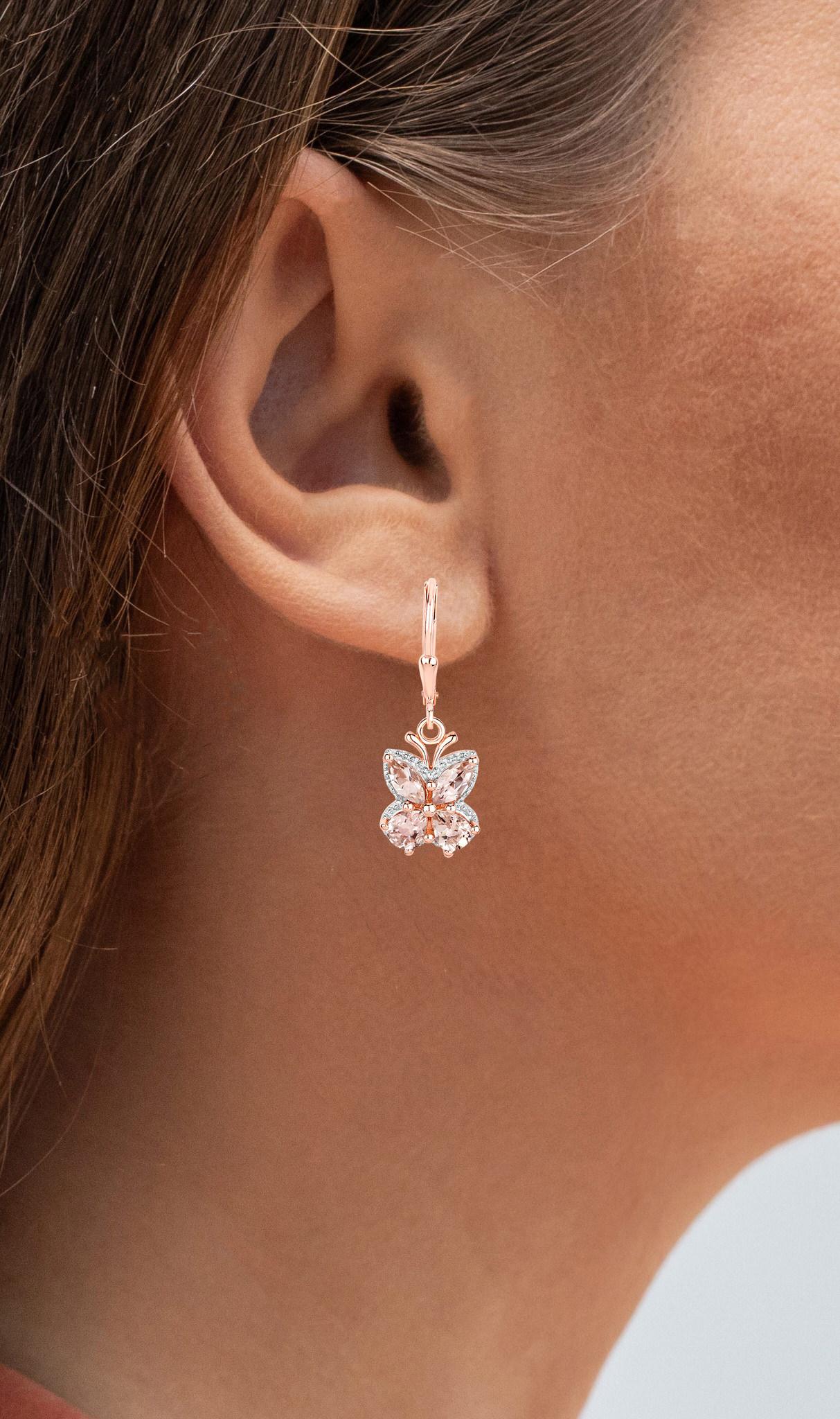 Mixed Cut Morganite Butterfly Earrings 1.87 Carats 18K Rose Gold Plated Silver For Sale
