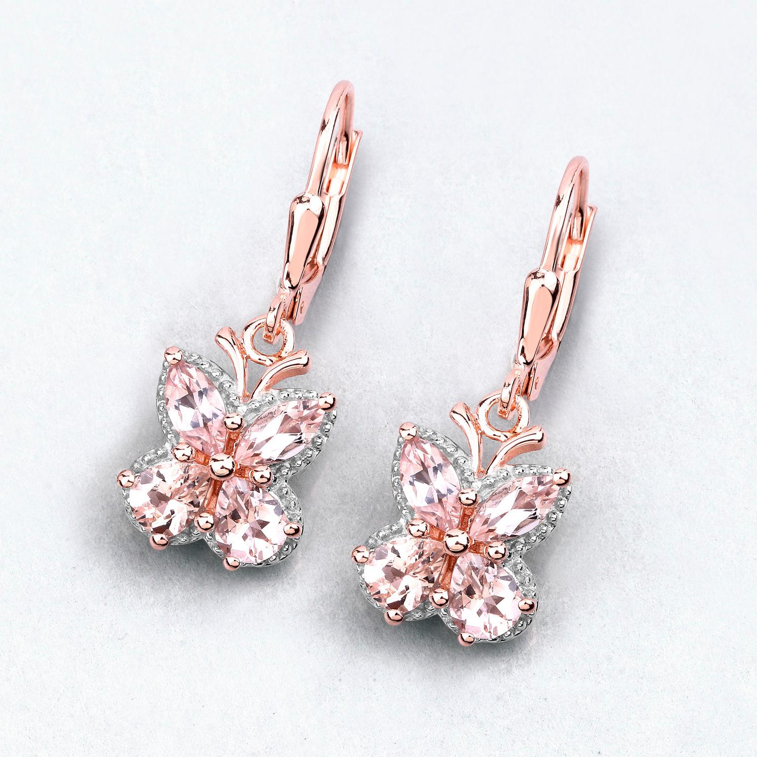 Morganite Butterfly Earrings 1.87 Carats 18K Rose Gold Plated Silver In Excellent Condition For Sale In Aliso Viejo, CA