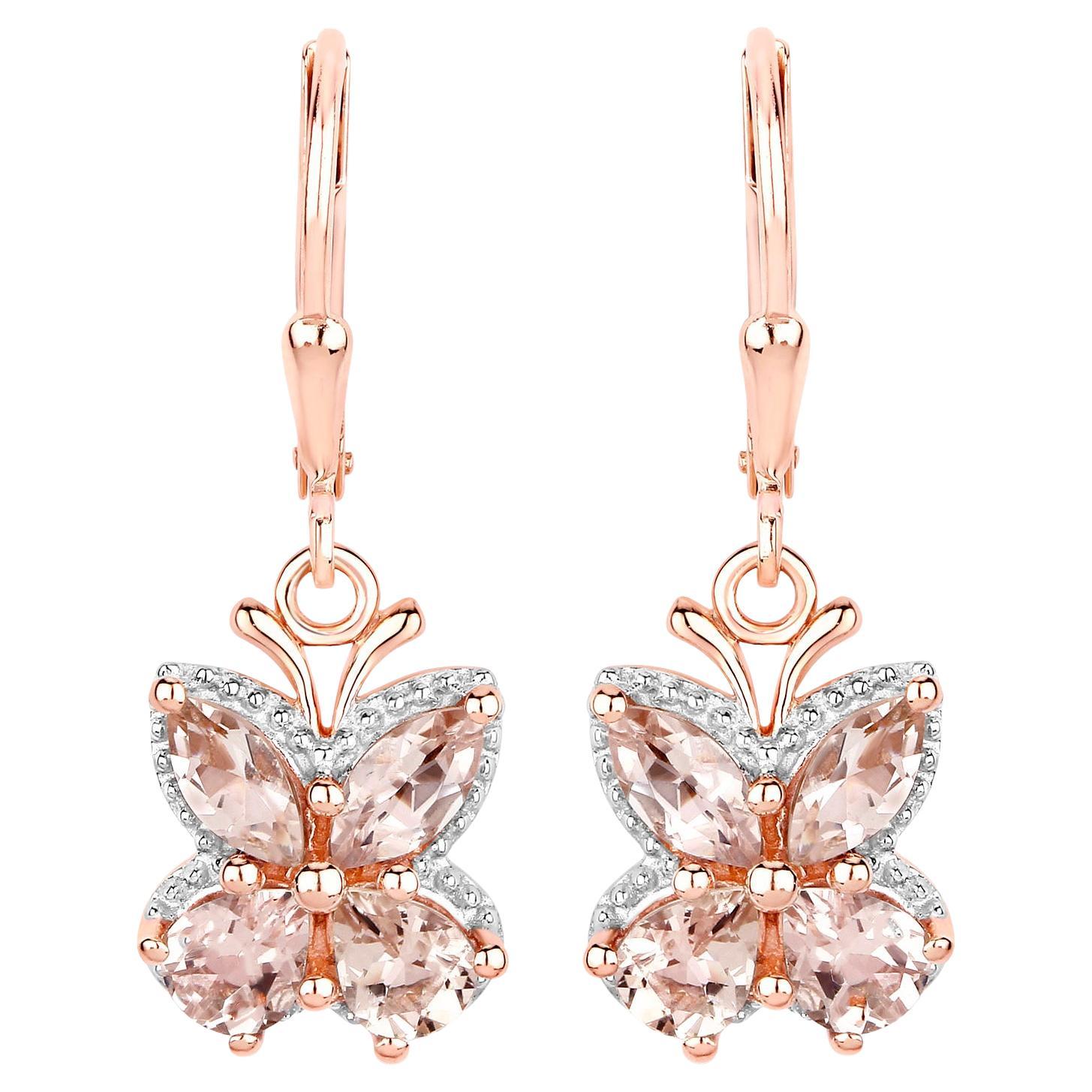 Morganite Butterfly Earrings 1.87 Carats 18K Rose Gold Plated Silver For Sale