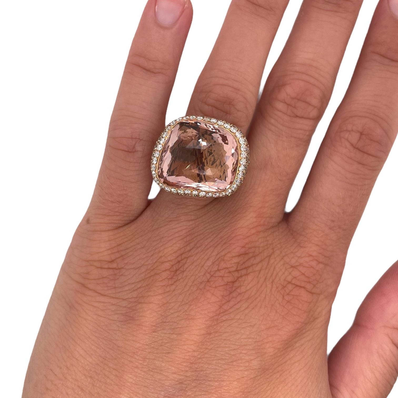 Cushion Cut Morganite & Champagne Diamond Ring in 18k Rose Gold For Sale