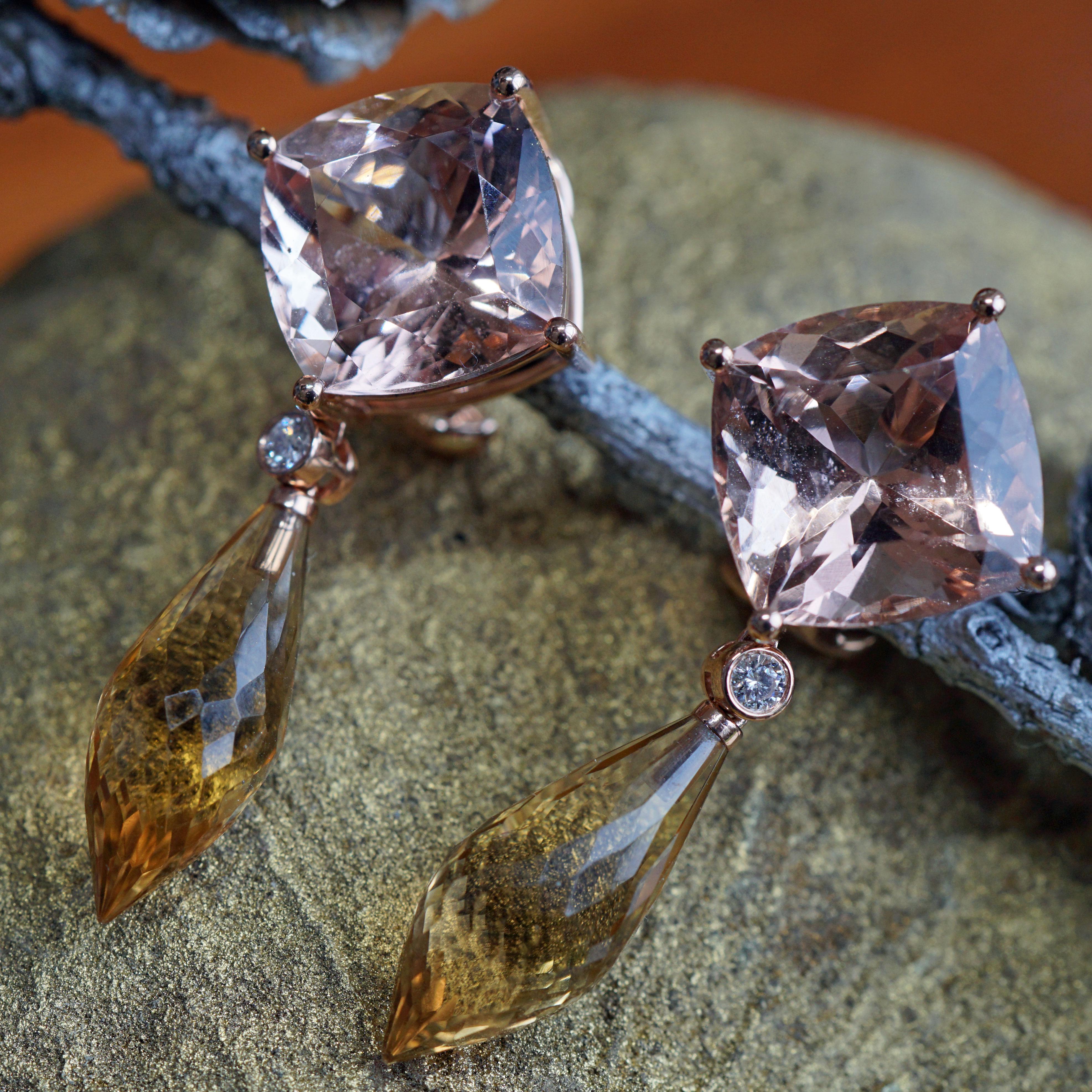 Modern Great Morganite Citrine Brilliant Earrings total 33ct Rose Gold a Waking Morning For Sale