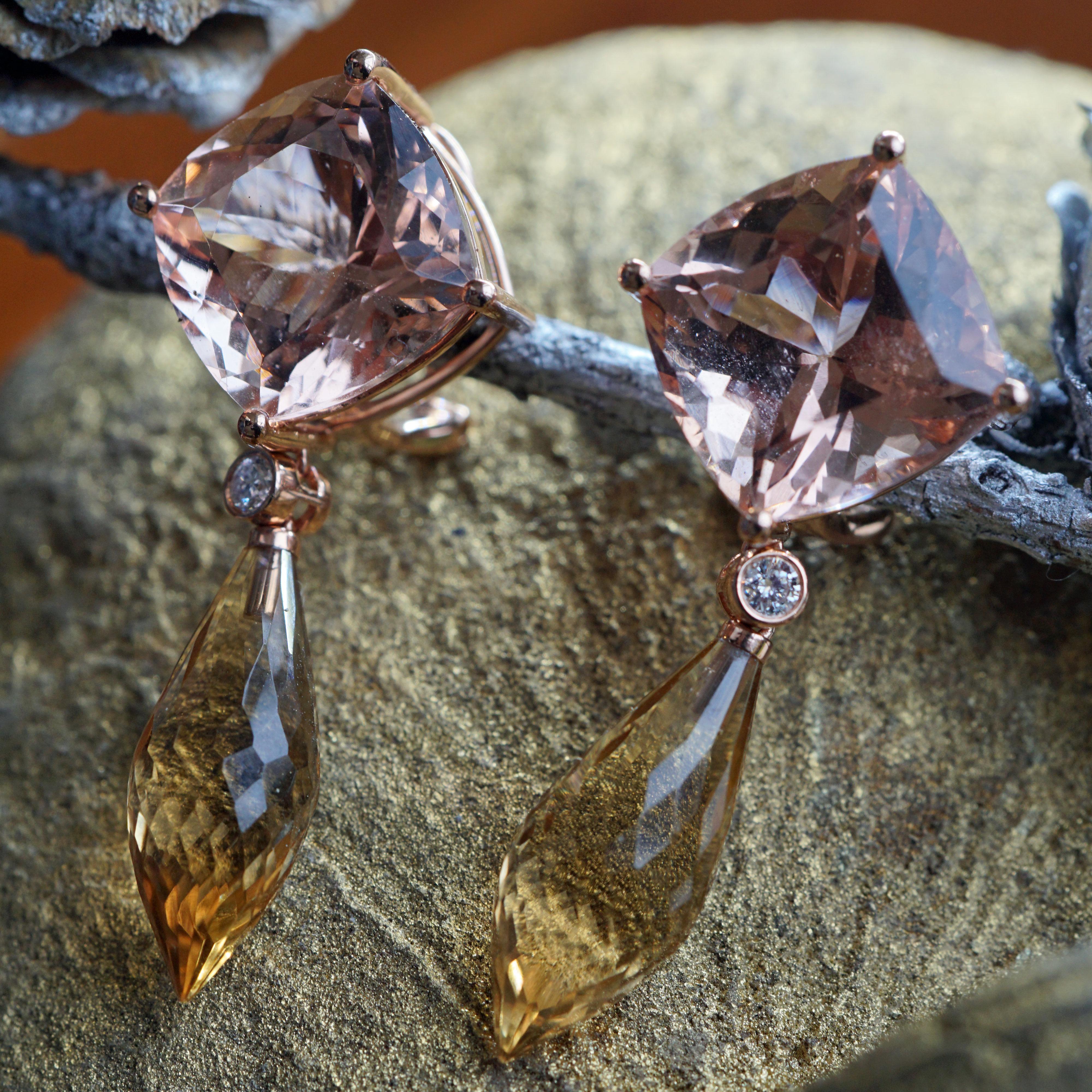 Brilliant Cut Great Morganite Citrine Brilliant Earrings total 33ct Rose Gold a Waking Morning For Sale