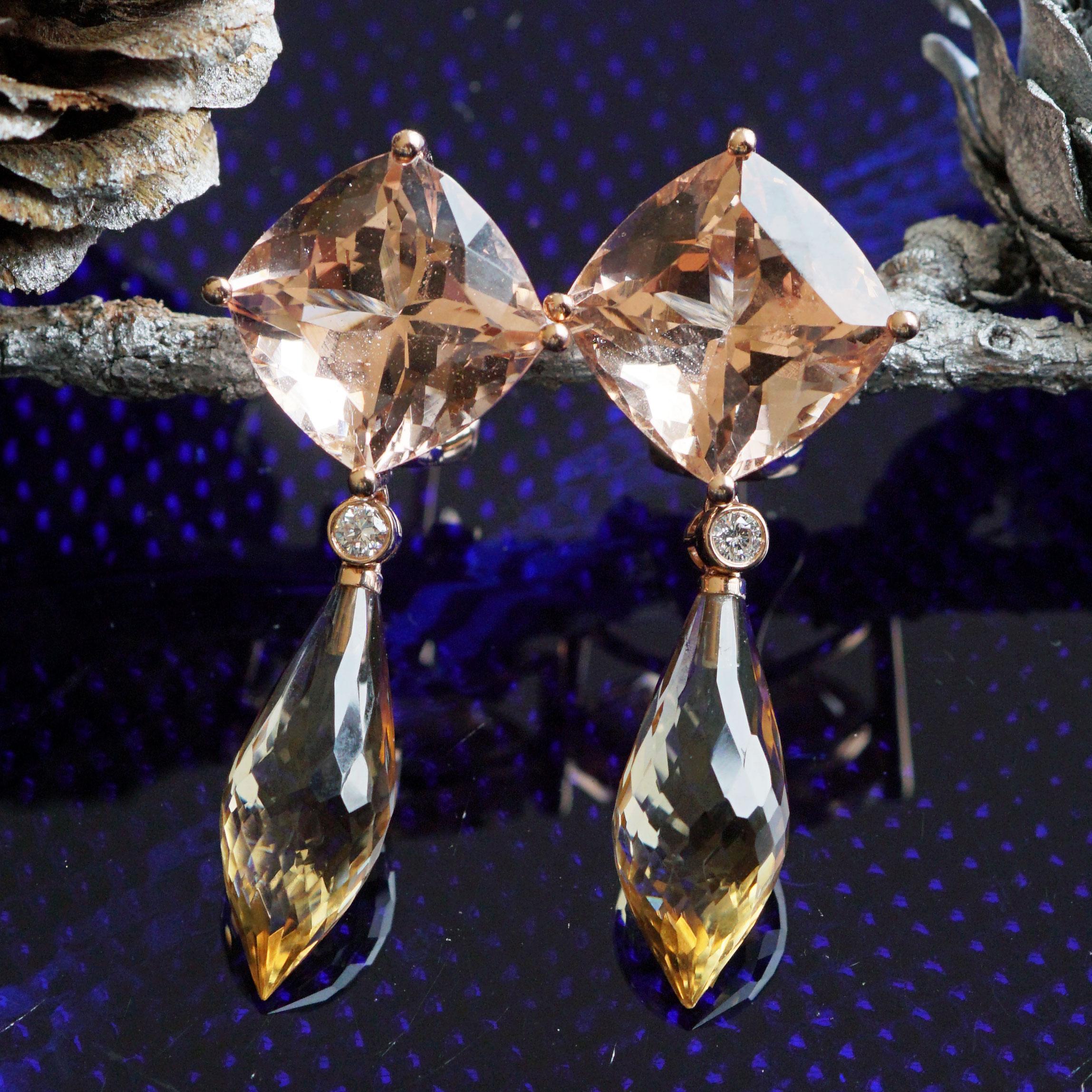 Great Morganite Citrine Brilliant Earrings total 33ct Rose Gold a Waking Morning For Sale 1