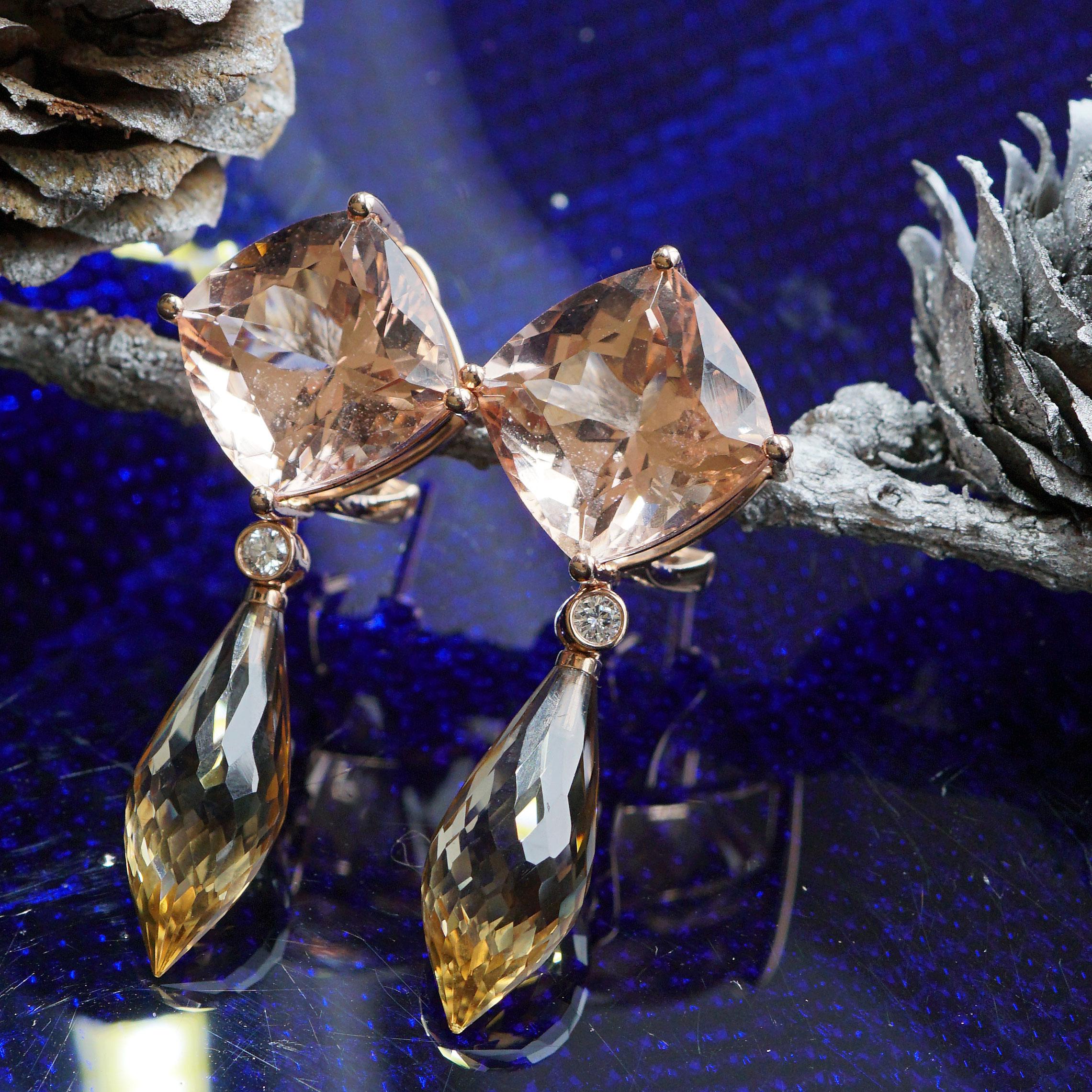 Great Morganite Citrine Brilliant Earrings total 33ct Rose Gold a Waking Morning For Sale 3