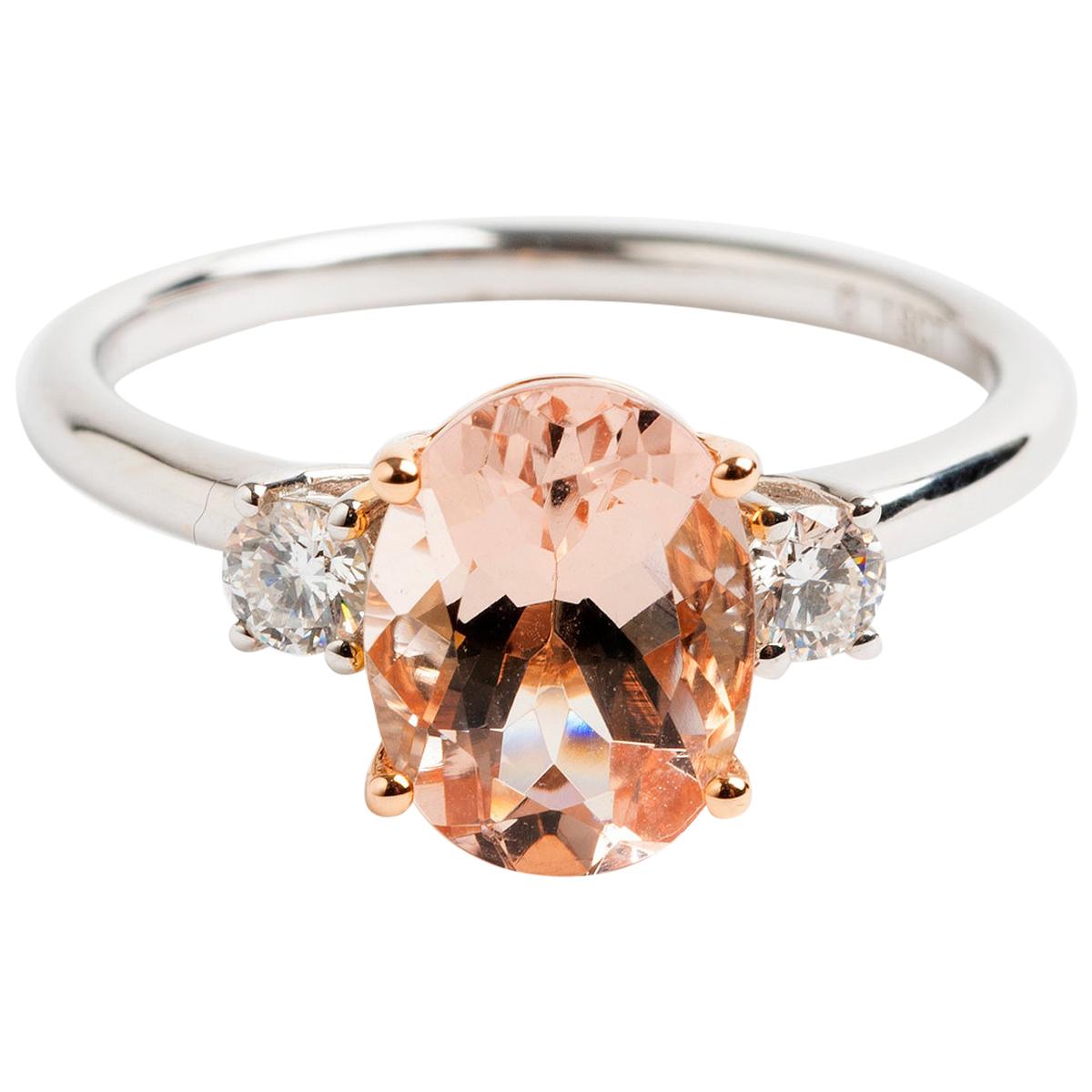 Morganite Cluster Ring, Est 1.57 Carat, Two Brilliant Cut Diamonds Est .18 Carat