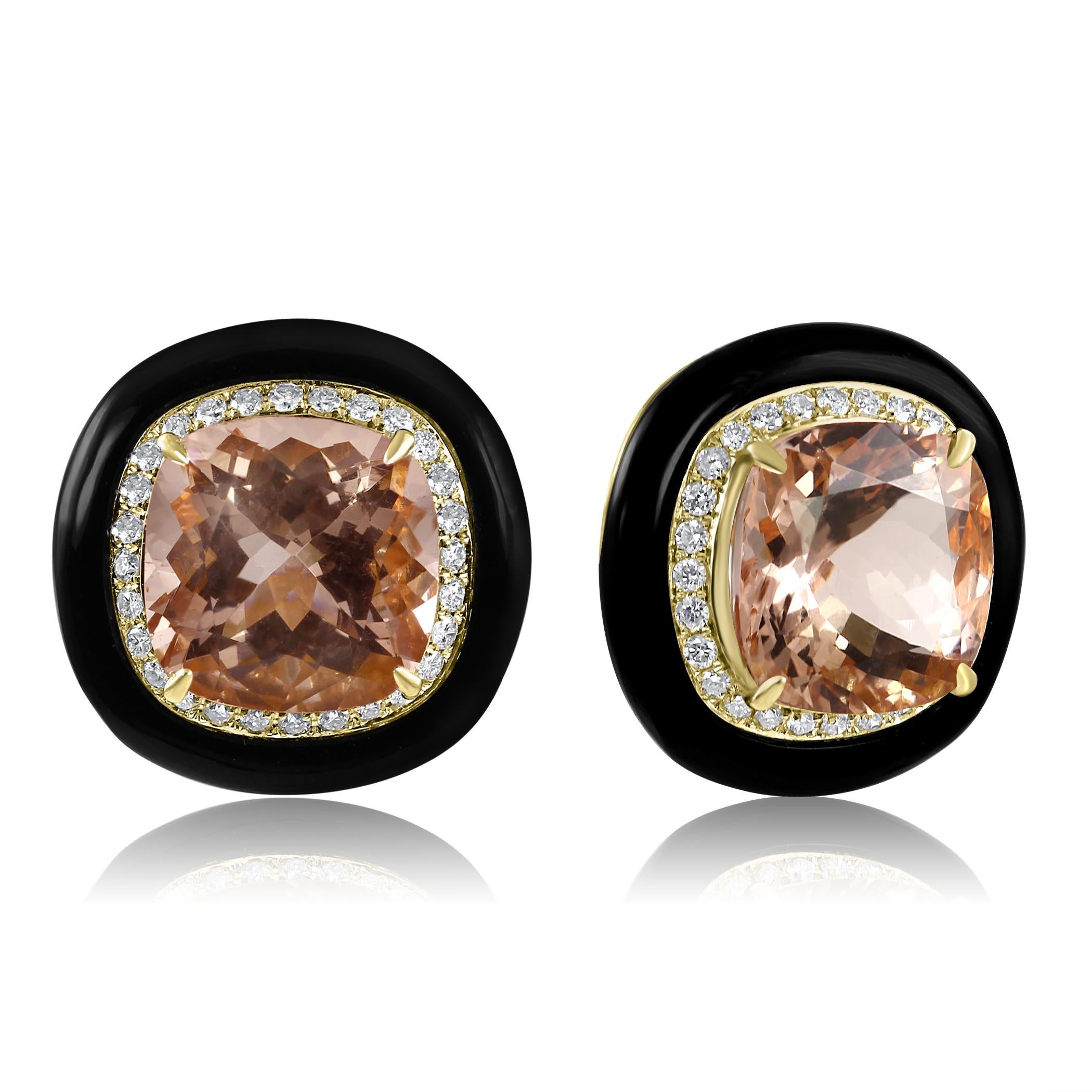 At the heart of these captivating earrings lies a magnificent Morganite Cushion, carefully selected for its substantial size and exquisite clarity. With a total weight of 13.46 carats, this morganite gemstone boasts a soft, peachy-pink hue that