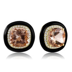 Morganite Cushion Diamond Round Onyx Halo 18 Karat Yellow Gold Art Deco Earring