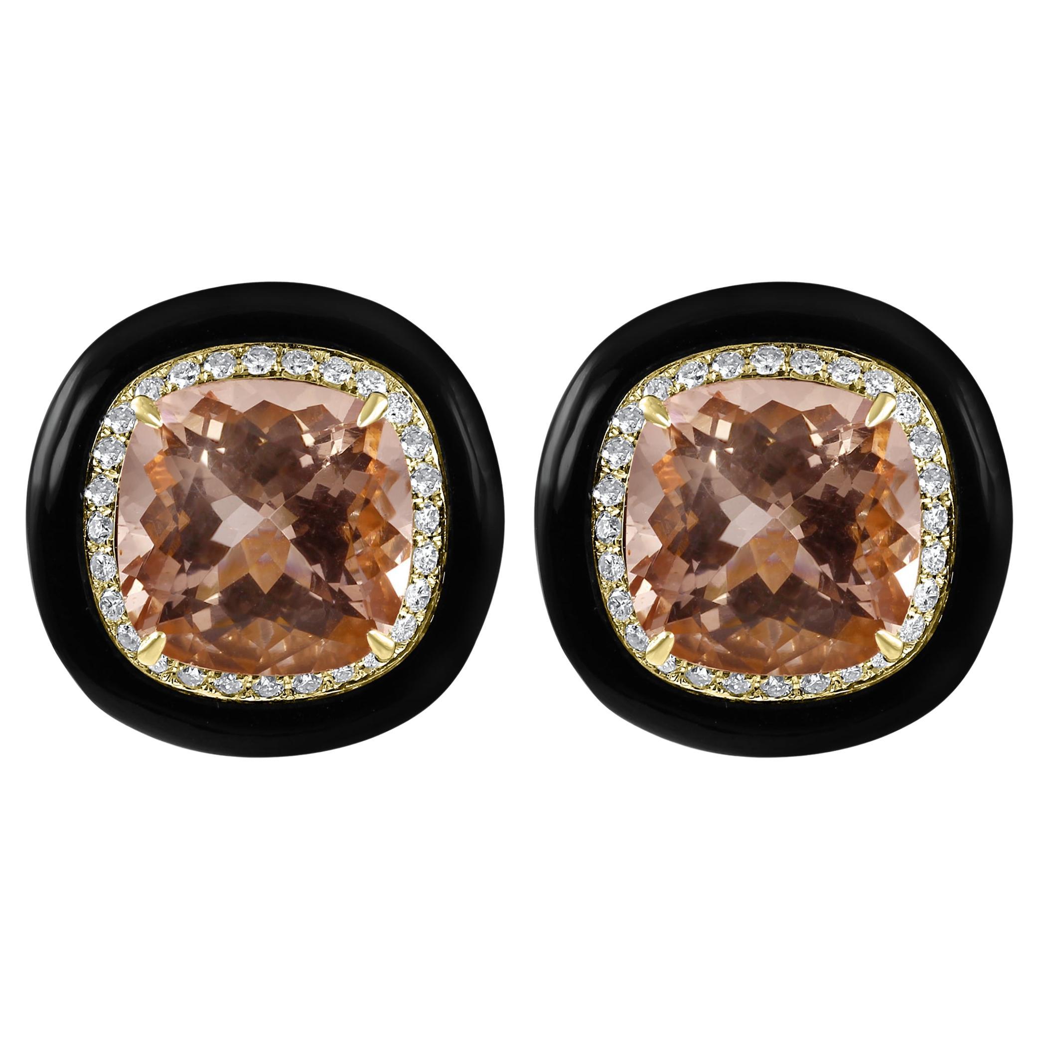 Morganite Cushion Diamond Round Onyx Halo 18K Yellow Gold Art Deco Earring For Sale