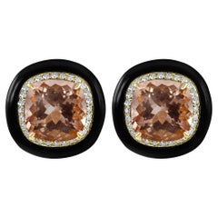 Morganite Cushion Diamond Round Onyx Halo 18K Rose Gold Art Deco Fashion Earring