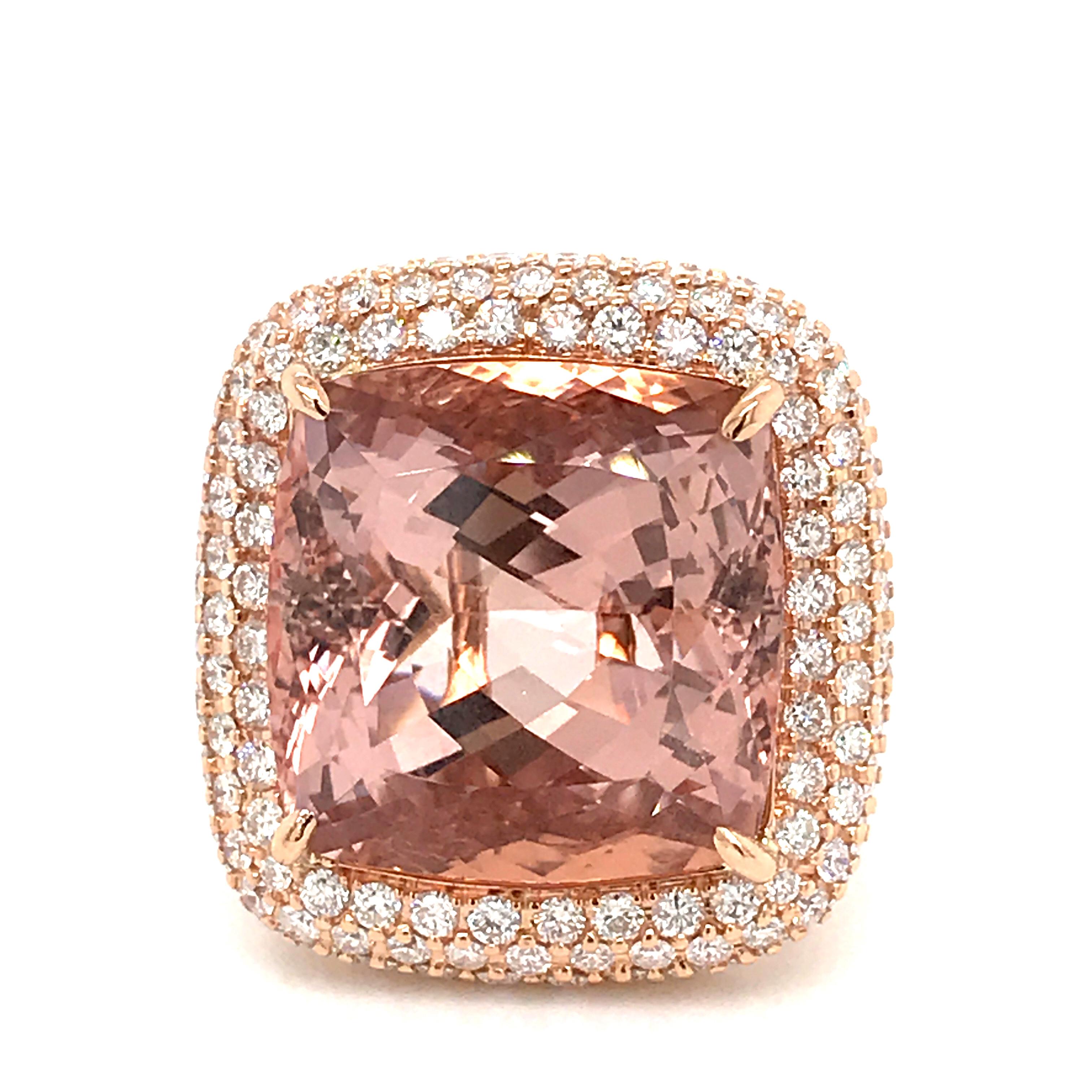Morganite Cushion Shape and Diamonds Color G on Rose Gold 18 Karat Cocktail Ring 6