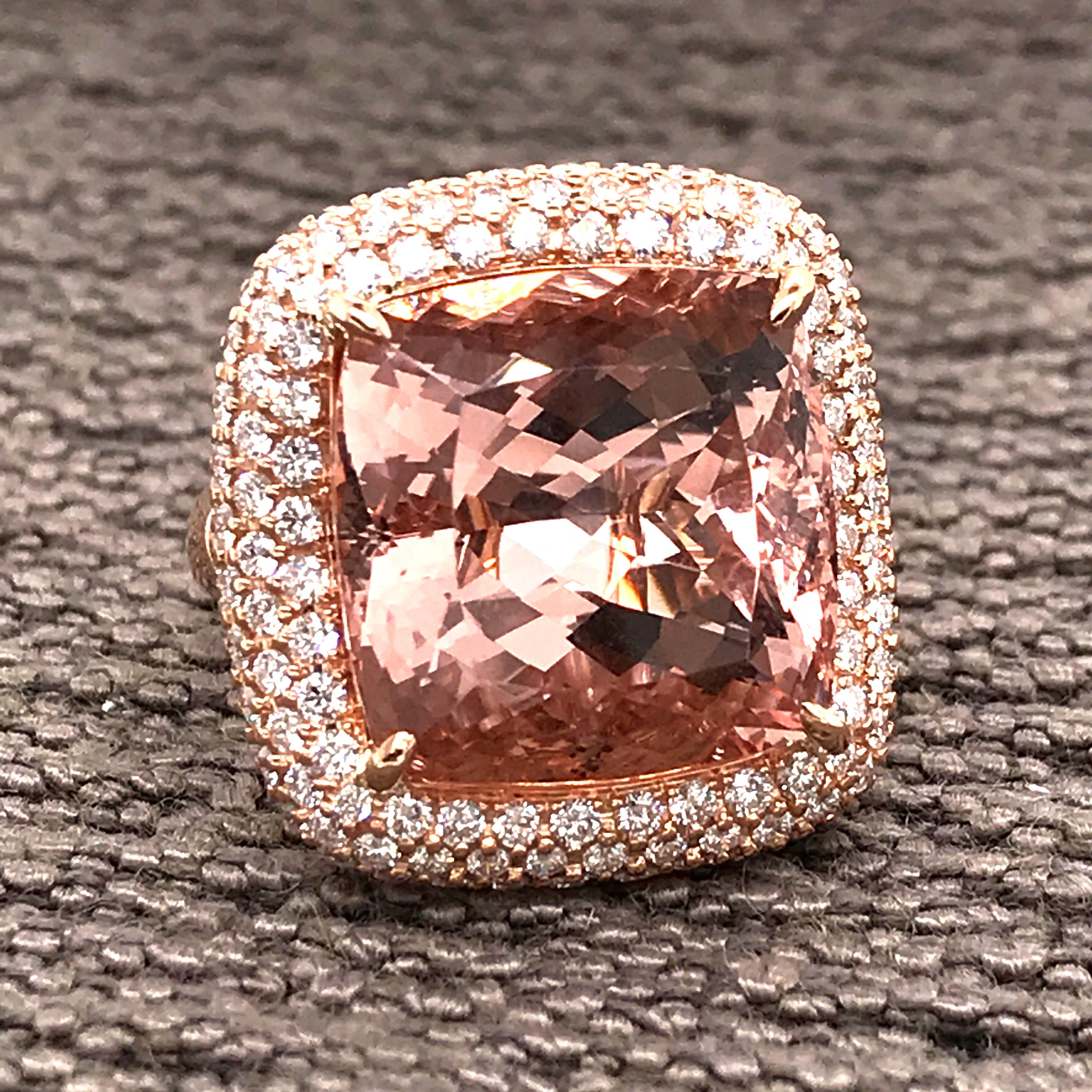 Morganite Cushion Shape and Diamonds Color G on Rose Gold 18 Karat Cocktail Ring 11