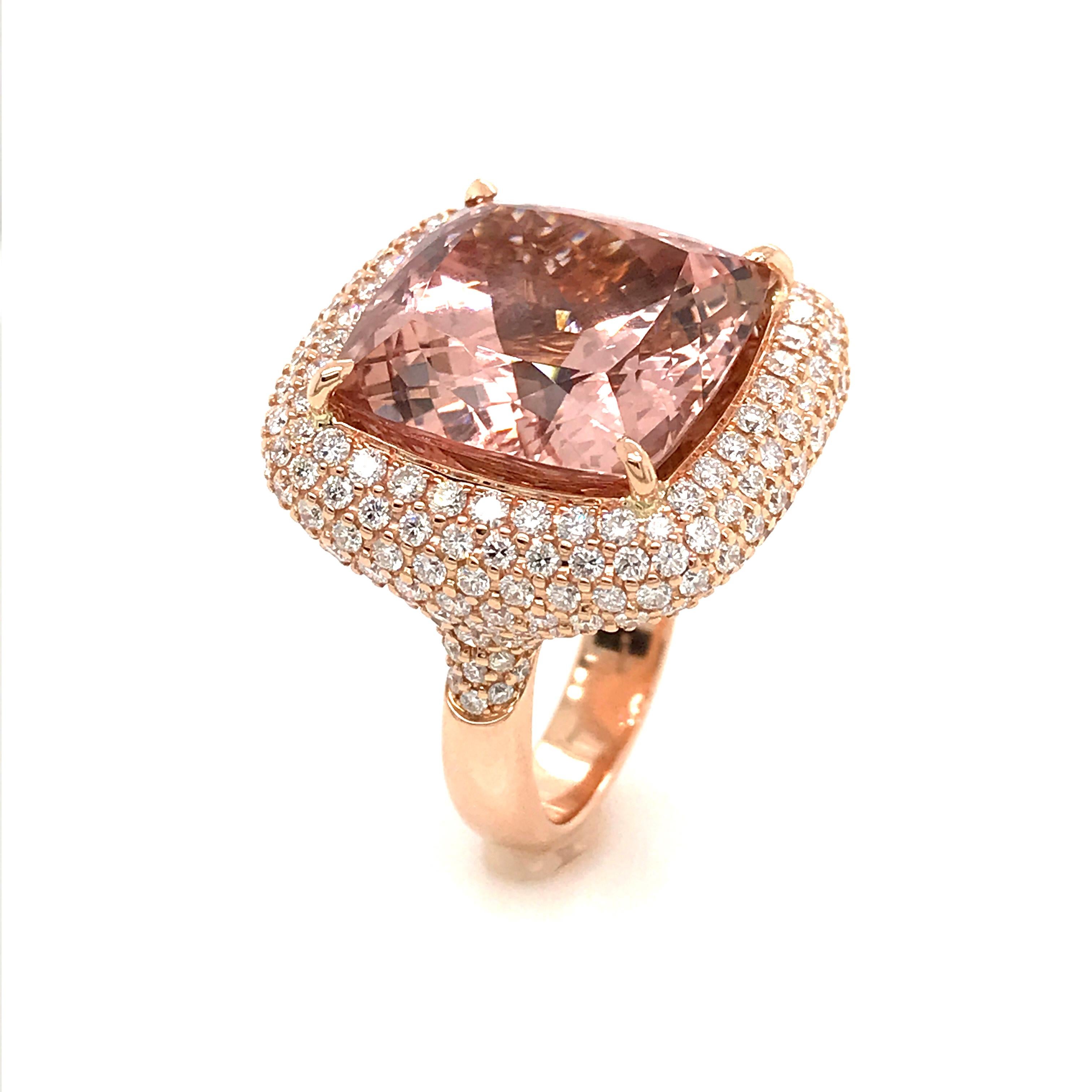 Discover this Creation Cocktail ring  with Morganite Cushion Shape of 19.70 ct From Brazil 
Decorated with diamonds Color G-VS 3.87 ct 
Rose Gold 18 k Weight 14.7 grams
US Size / 6.5
French Size / 53.5