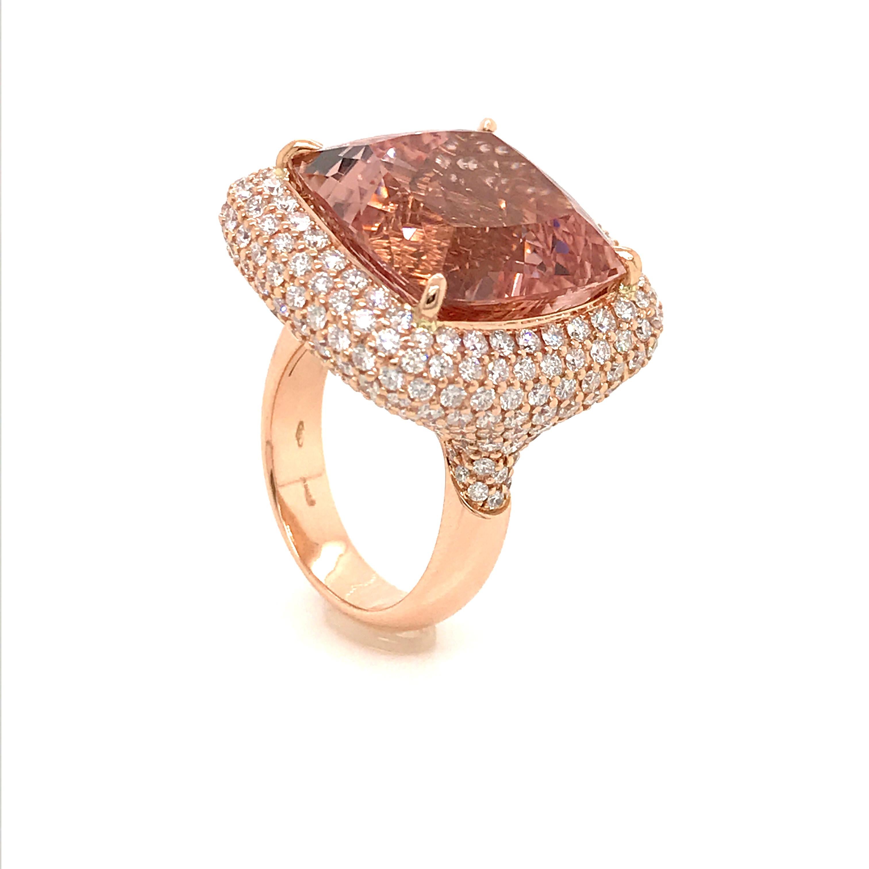 Artisan Morganite Cushion Shape and Diamonds Color G on Rose Gold 18 Karat Cocktail Ring