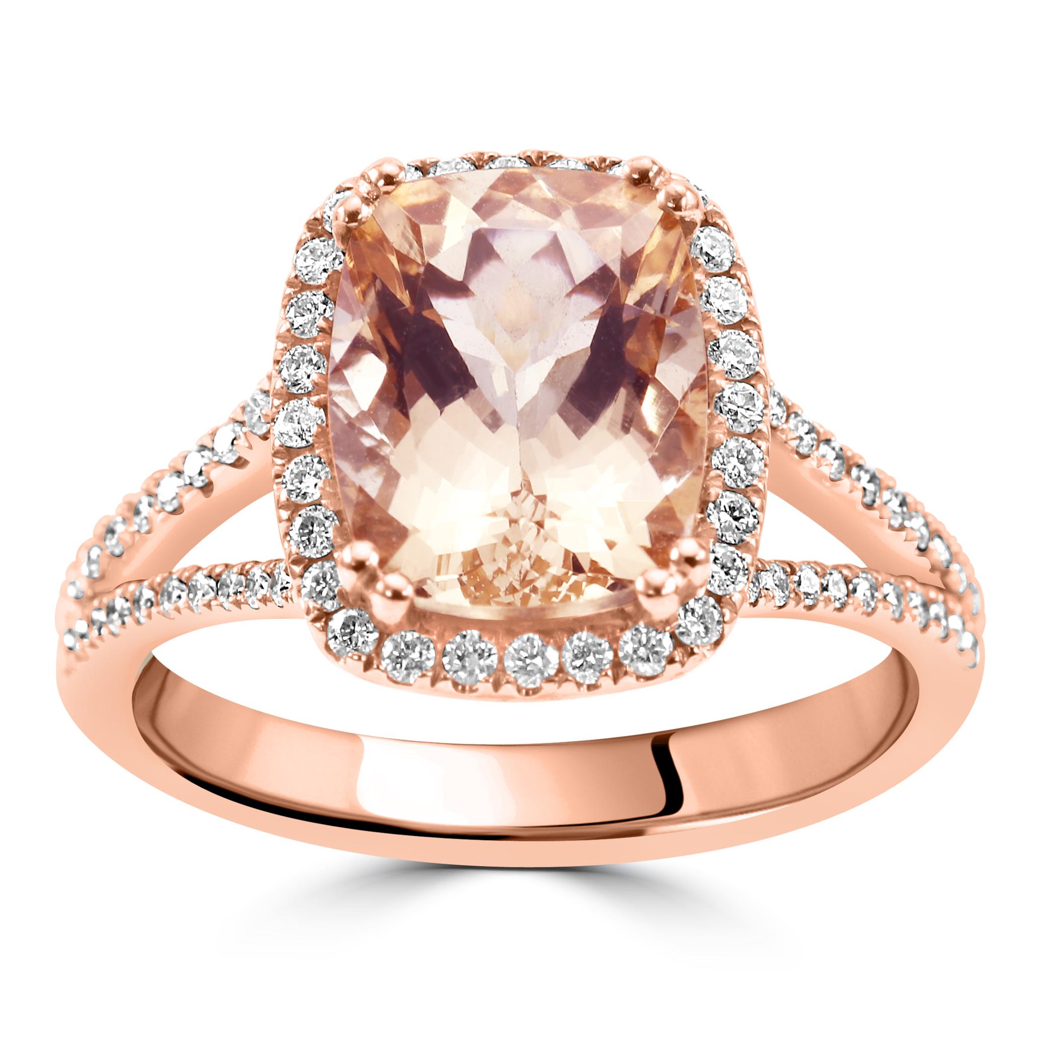 Indulge in the romance of our fashion Morganite engagement ring, a creation that effortlessly combines the warmth of 14K Rose Gold with the ethereal beauty of gemstones.

The centerpiece of this enchanting ring is the cushion-shaped Morganite,