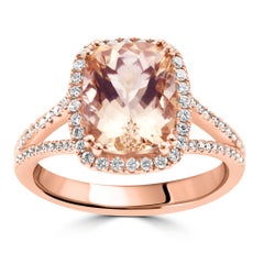 Morganite Cushion White Diamond Round 14 Karat Gold Fashion Engagement Halo Ring