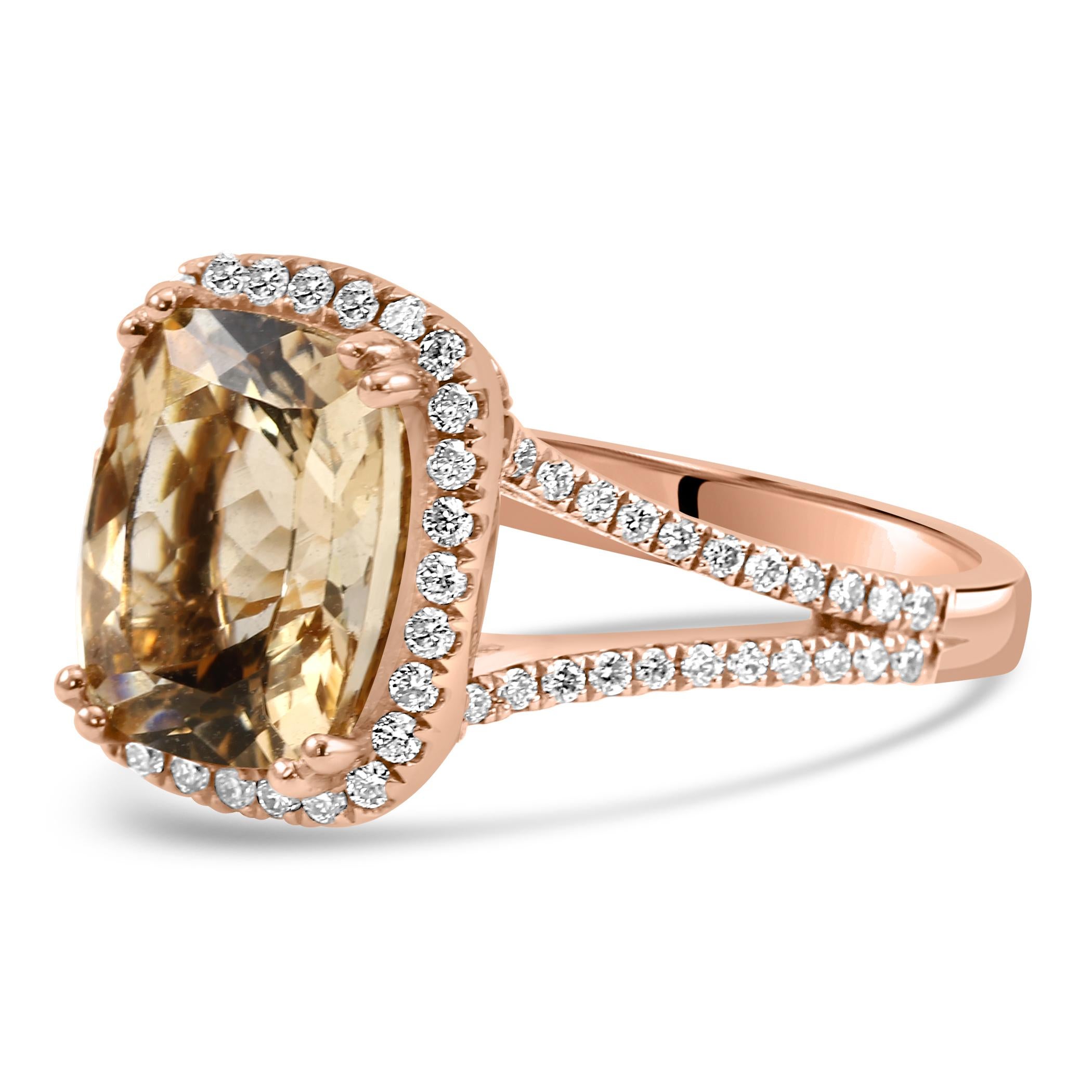Modern Morganite Cushion White Diamond Round 14K Rose Gold Fashion Engagement Halo Ring For Sale