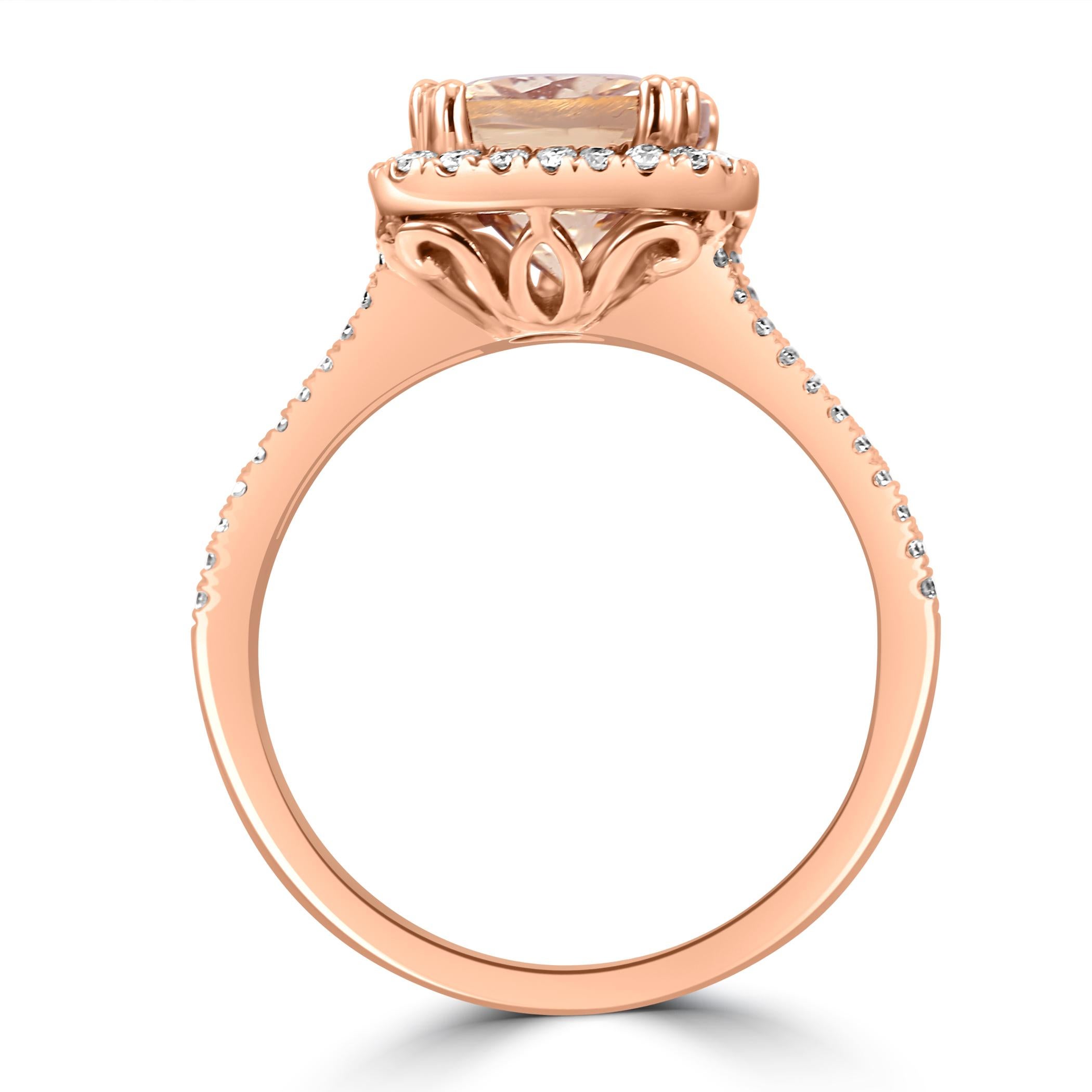 Women's or Men's Morganite Cushion White Diamond Round 14K Rose Gold Fashion Engagement Halo Ring For Sale
