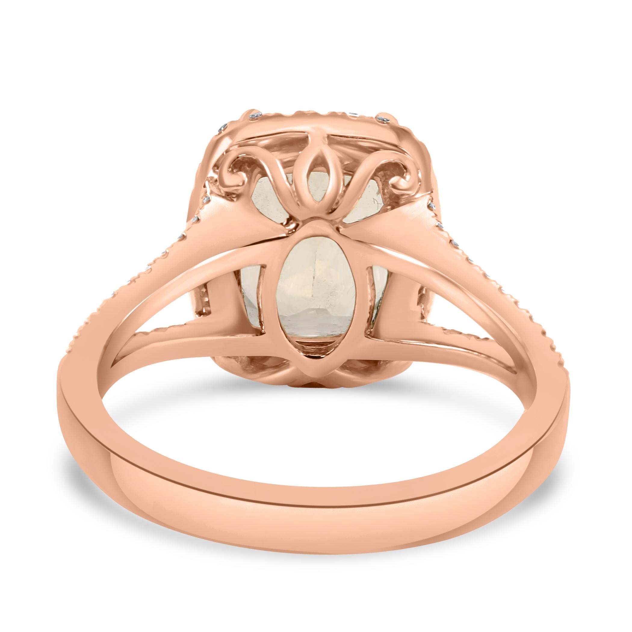 Morganite Cushion White Diamond Round 14K Rose Gold Fashion Engagement Halo Ring For Sale 1