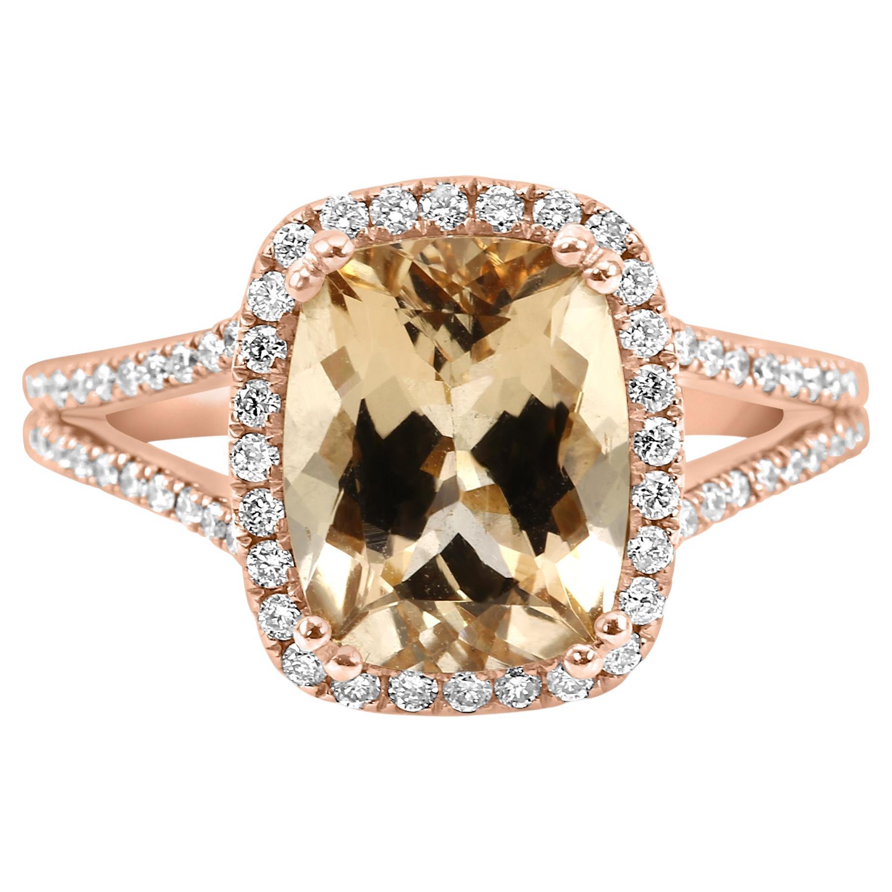 Morganite Cushion White Diamond Round 14K Rose Gold Fashion Engagement Halo Ring For Sale