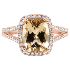 Bague de fiançailles fantaisie halo en or rose 14 carats avec Morganite blanc coussin et diamant rond