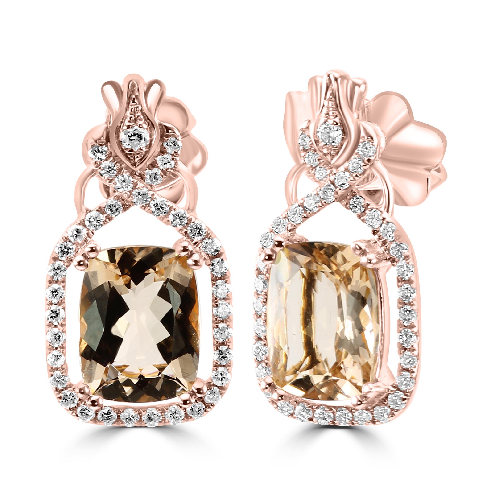 The focal point of these earrings is the resplendent Morganite center, known for its enchanting peach-pink hue and substantial size of 3.78 carats. This gemstone symbolizes love and tenderness, adding a touch of romance to the design.

Surrounding