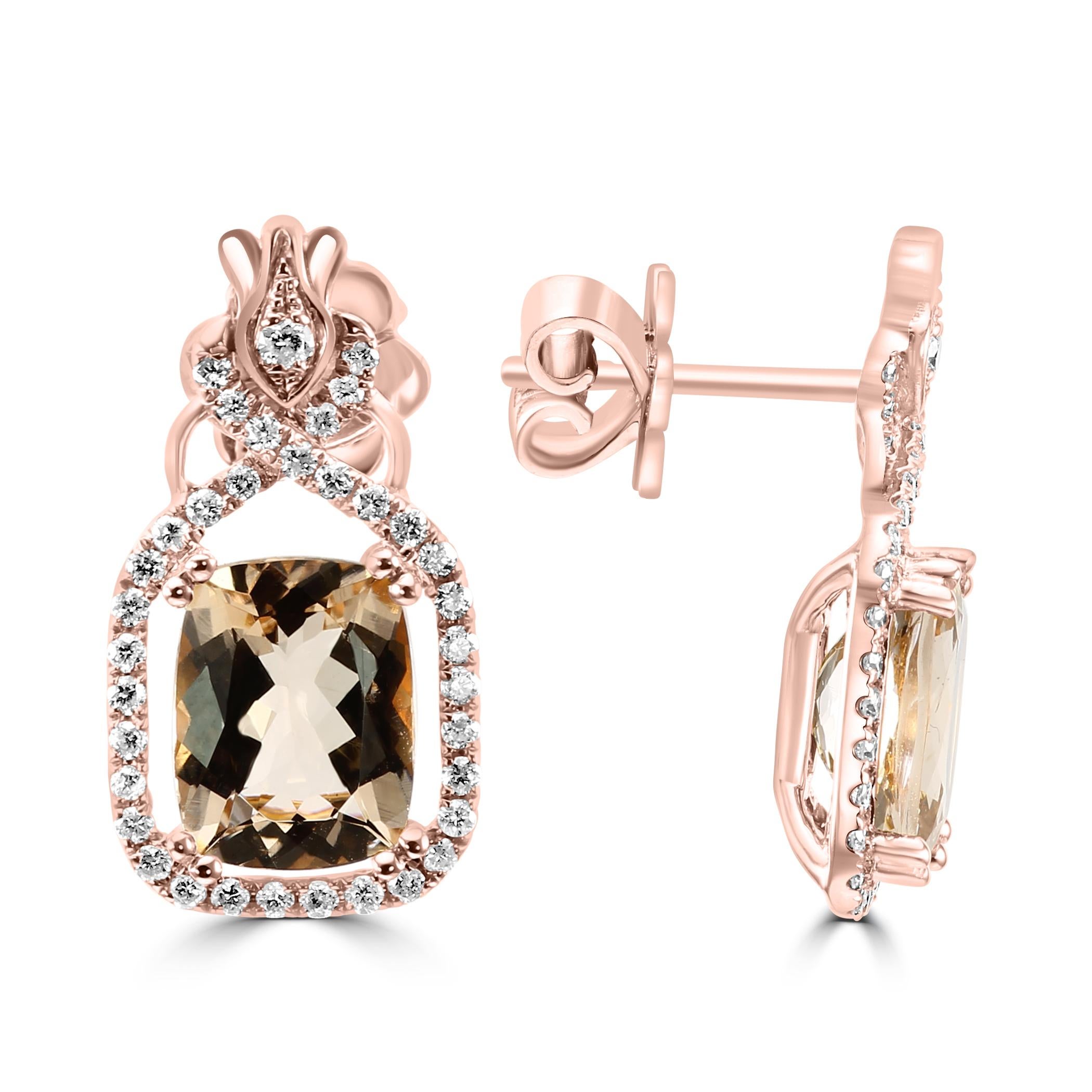 Moderniste Morganite Coussin Diamant Blanc Ronds Or Rose 18K Boucle d'Oreille Pendante Fancy Fashion en vente