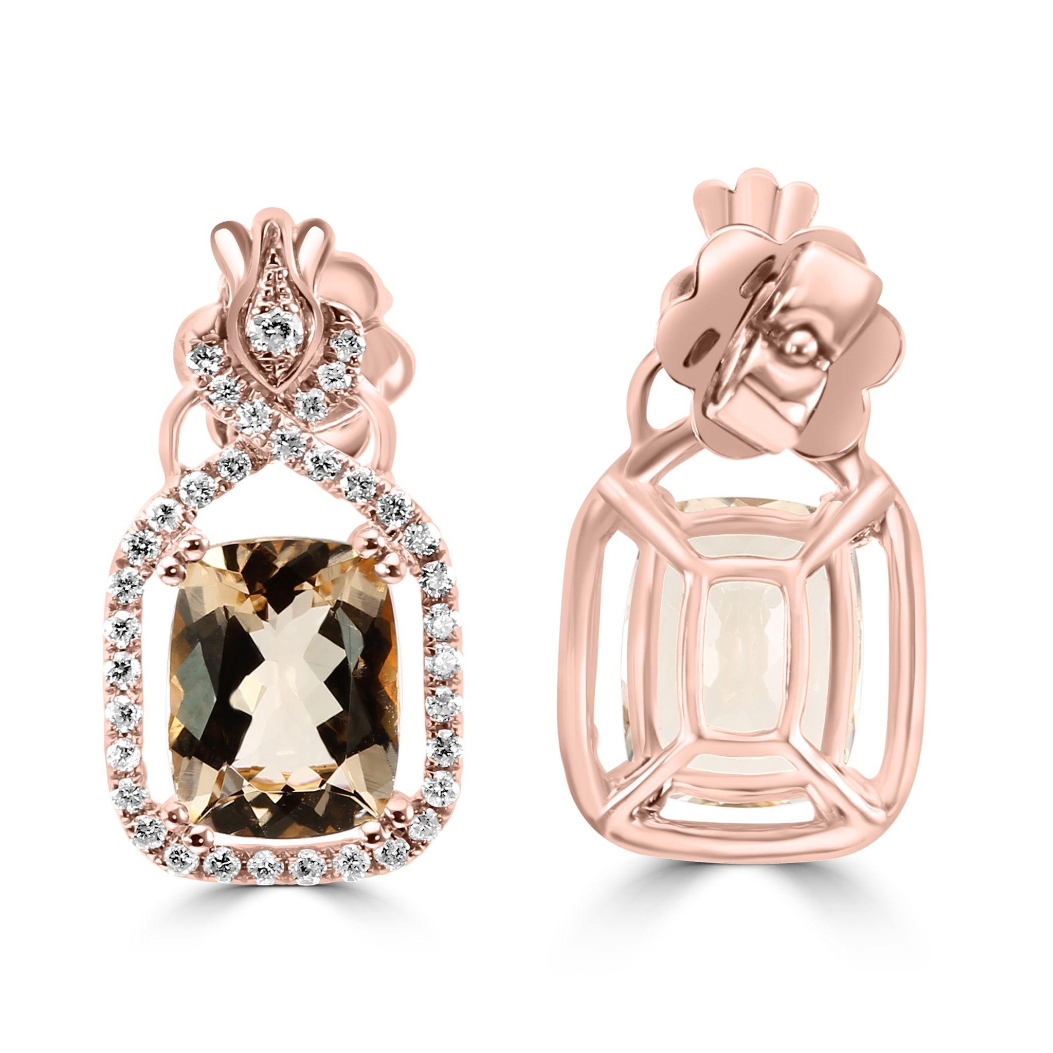 Taille coussin Morganite Coussin Diamant Blanc Ronds Or Rose 18K Boucle d'Oreille Pendante Fancy Fashion en vente