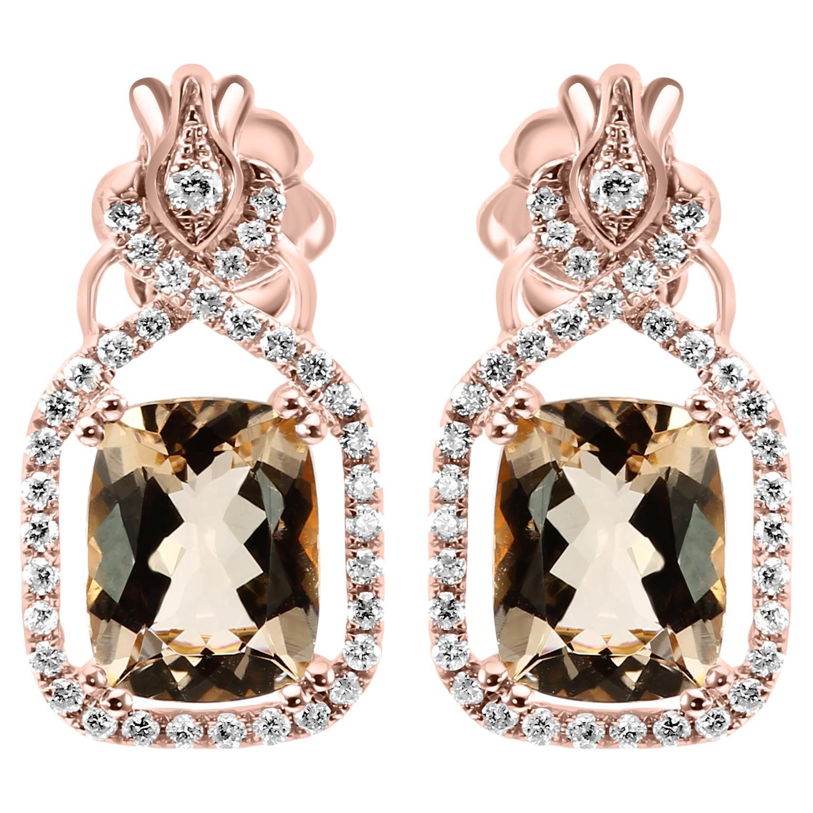 Morganite Cushion White Diamond Rounds 18K Rose Gold Fancy Fashion Drop Earring For Sale