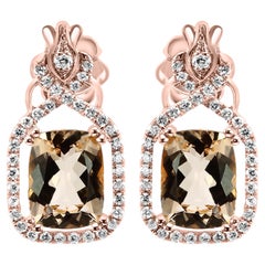 Morganite Coussin Diamant Blanc Ronds Or Rose 18K Boucle d'Oreille Pendante Fancy Fashion