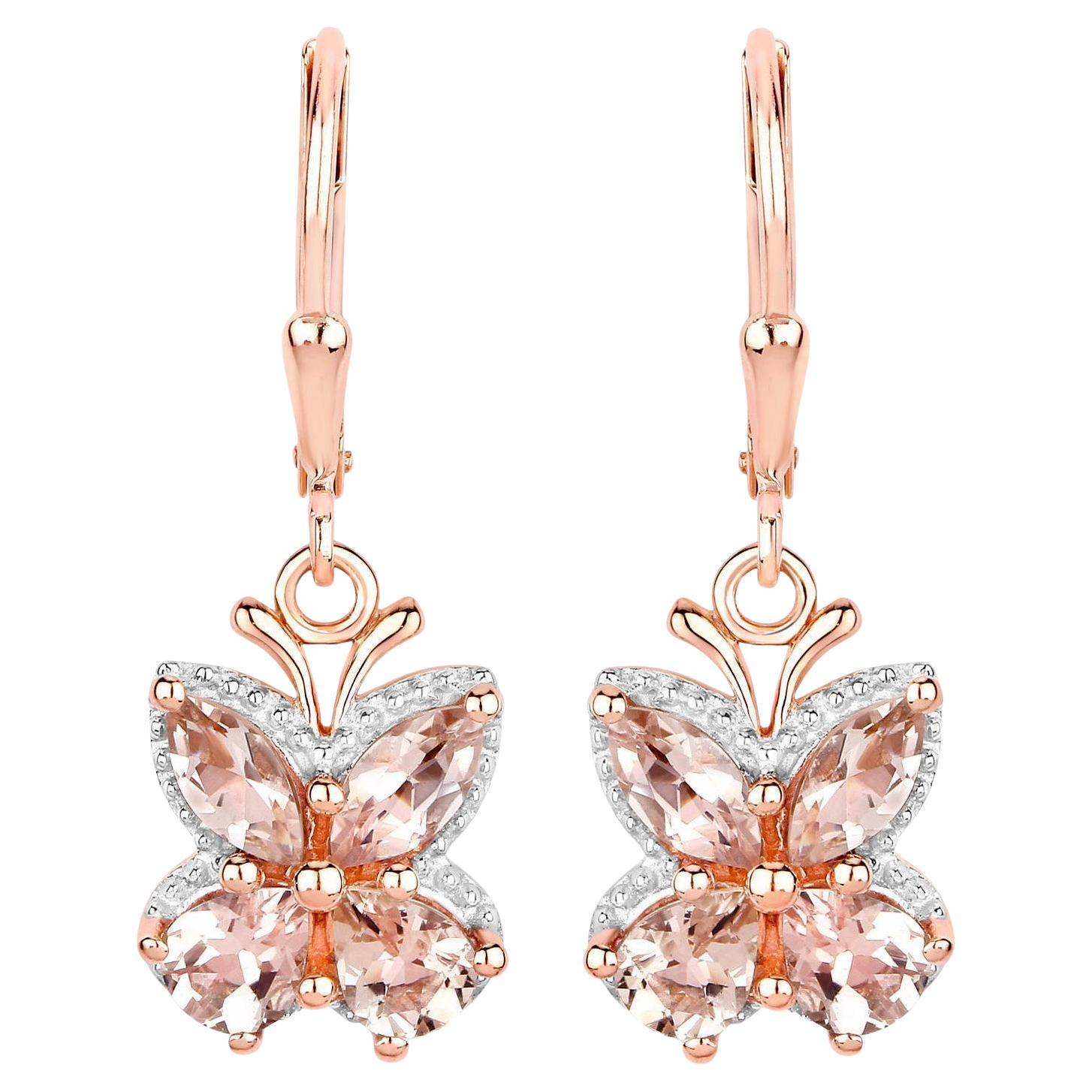 Morganite Dangle Earrings 1.86 Carats 18K Rose Gold Plated Silver