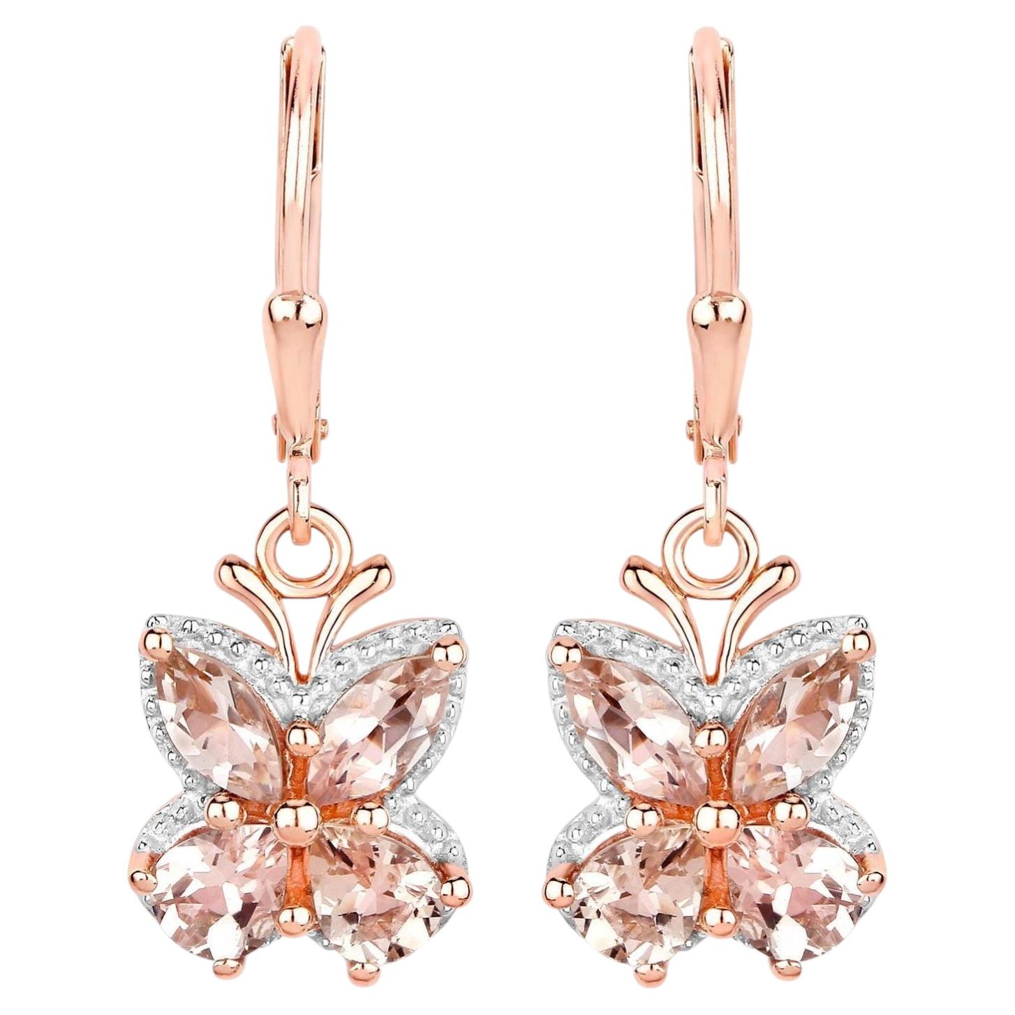 Morganite Dangle Earrings 1.86 Carats 18K Rose Gold Plated Silver