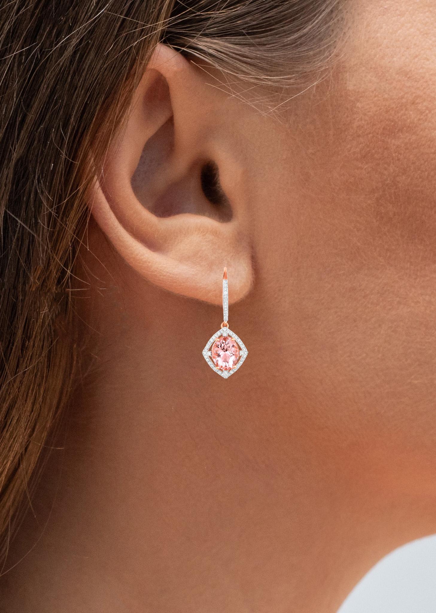 Contemporary Morganite Dangle Earrings Diamond Setting 5.58 Carats 14K Rose Gold For Sale