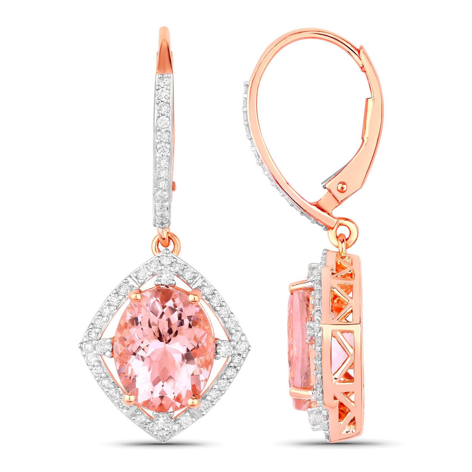 Oval Cut Morganite Dangle Earrings Diamond Setting 5.58 Carats 14K Rose Gold For Sale