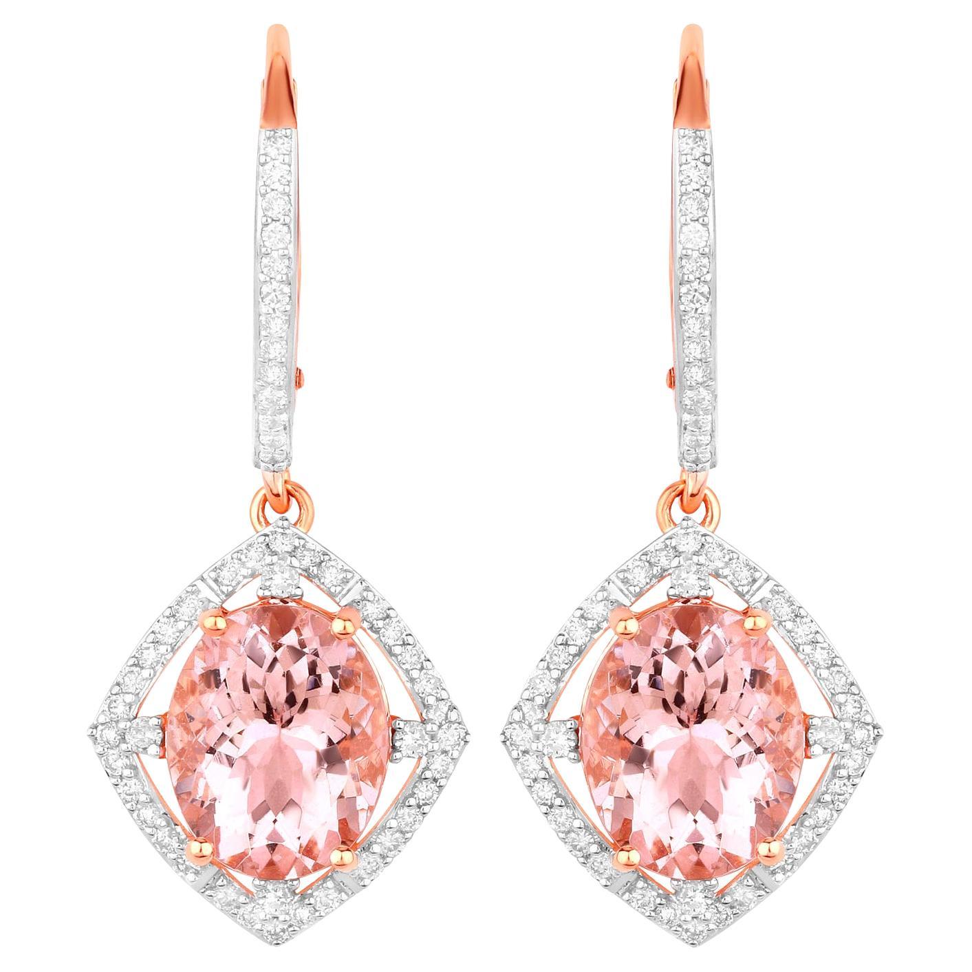 Morganite Dangle Earrings Diamond Setting 5.58 Carats 14K Rose Gold For Sale