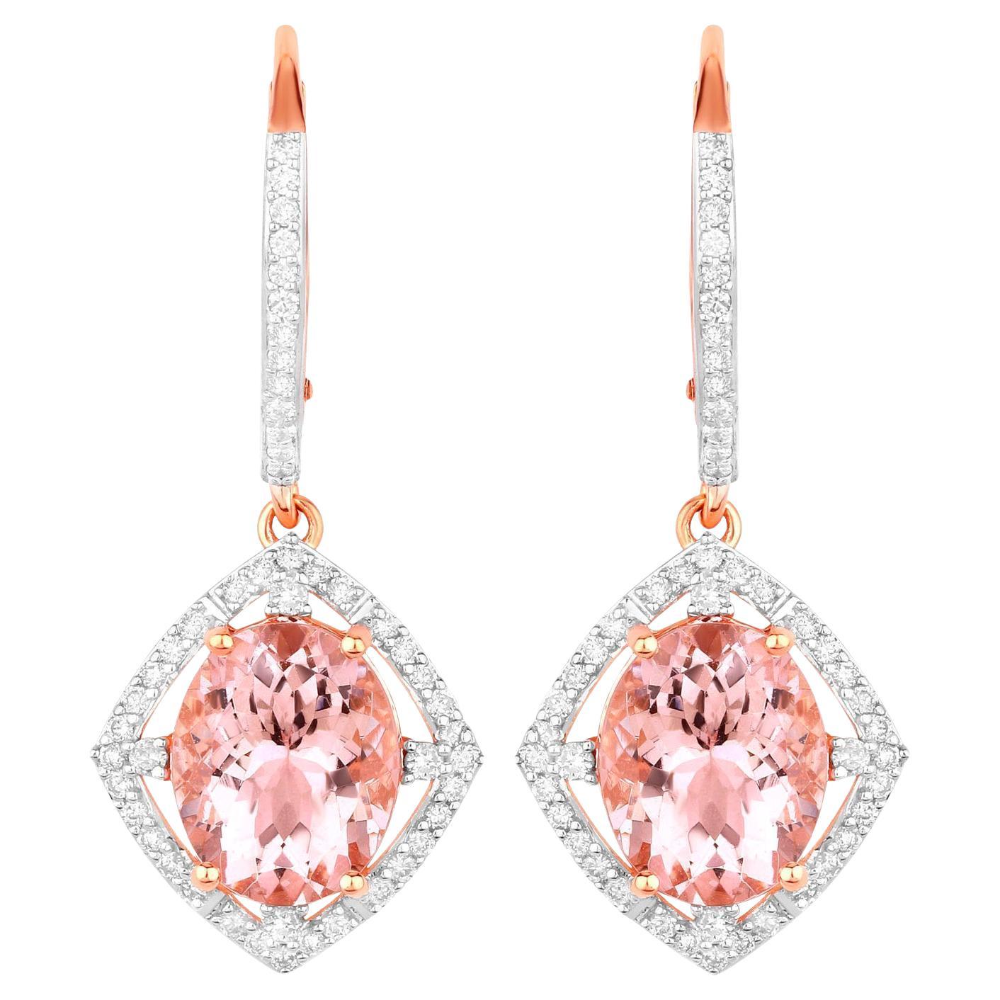 Morganite Dangle Earrings Diamond Setting 5.58 Carats 14K Rose Gold For Sale